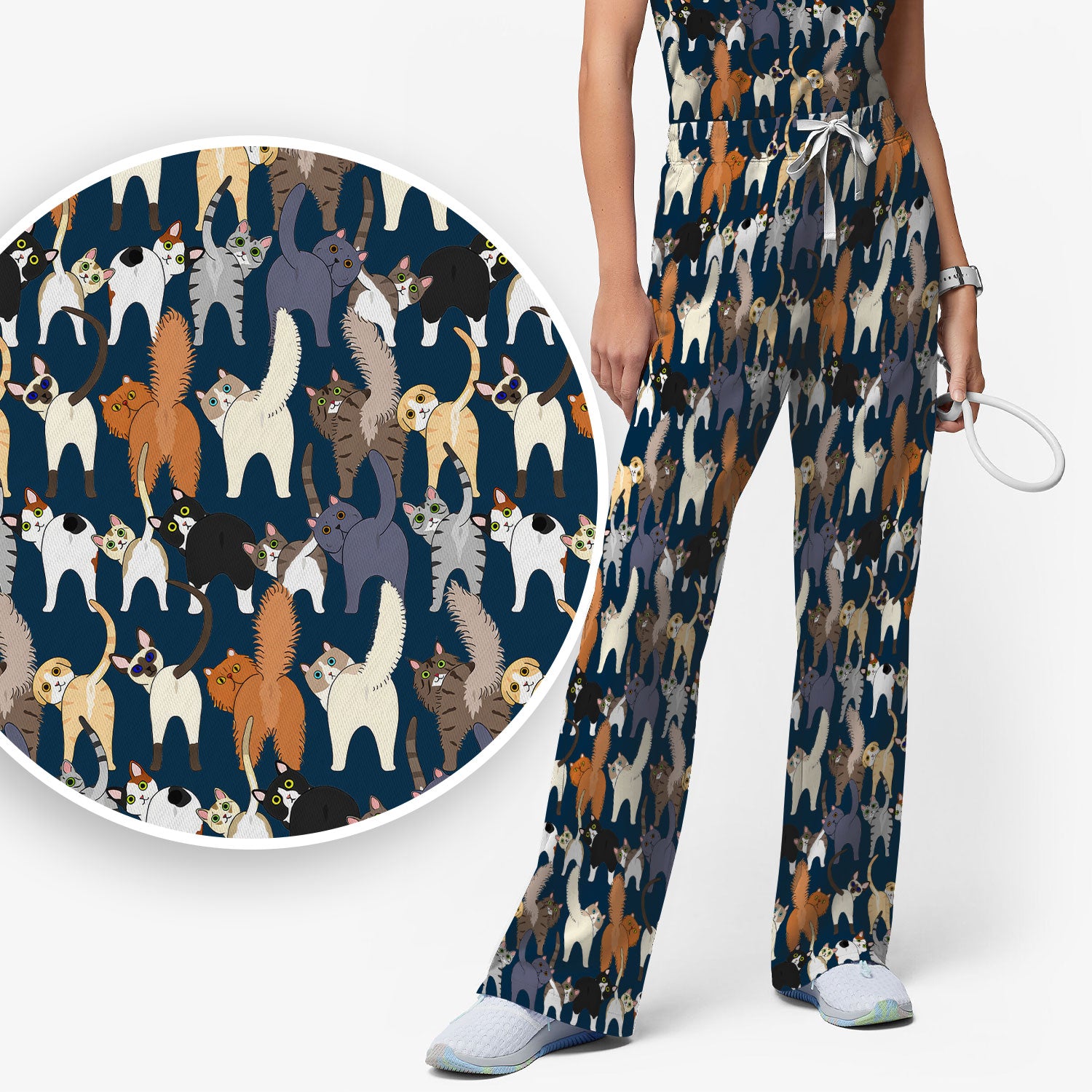 Whimsical Multicolor Cat Cartoon Pattern Scrub Set, Breathable Med Uniform