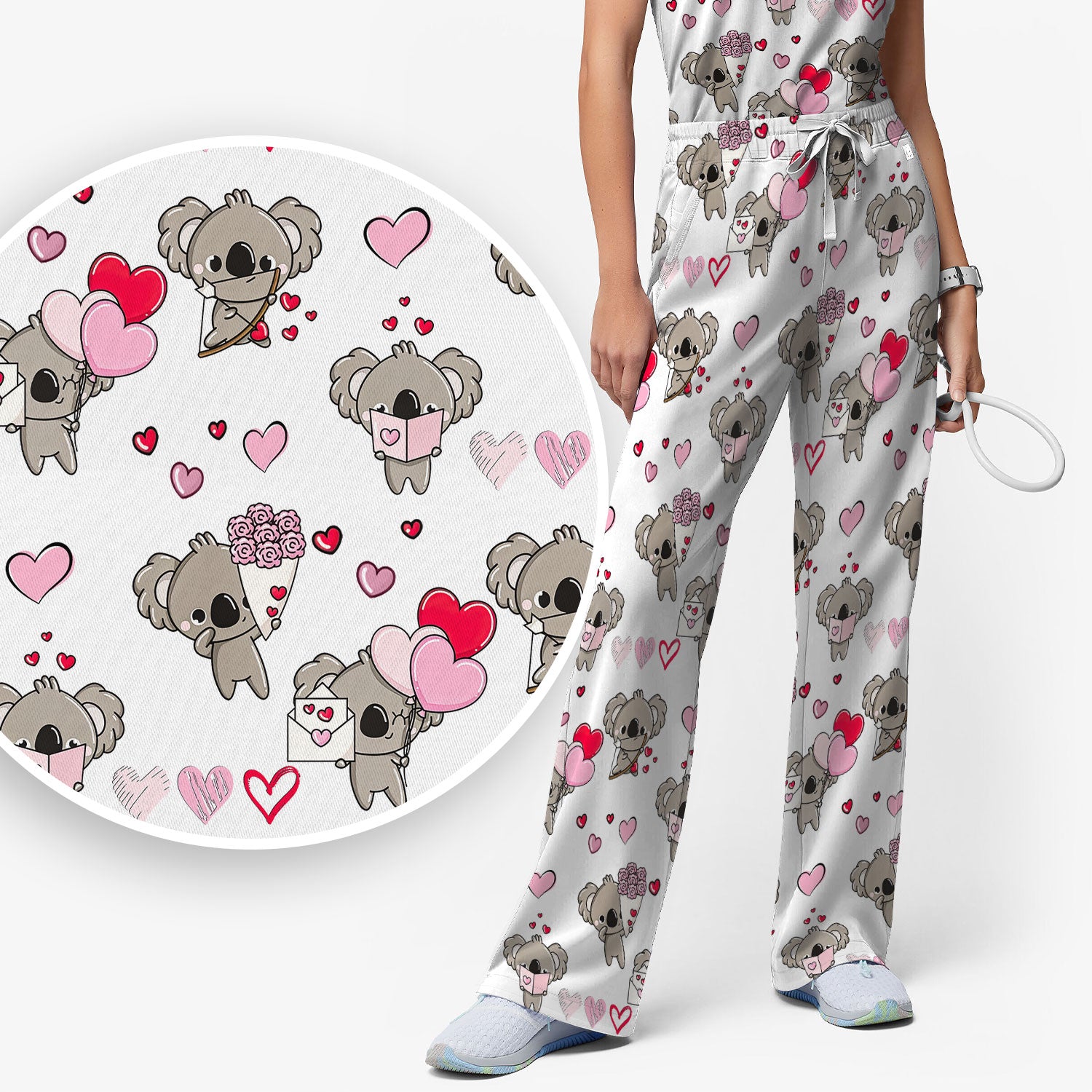 Valentine Koala Holding Flowers Cute Print Scrub, Women's Scrub Sets