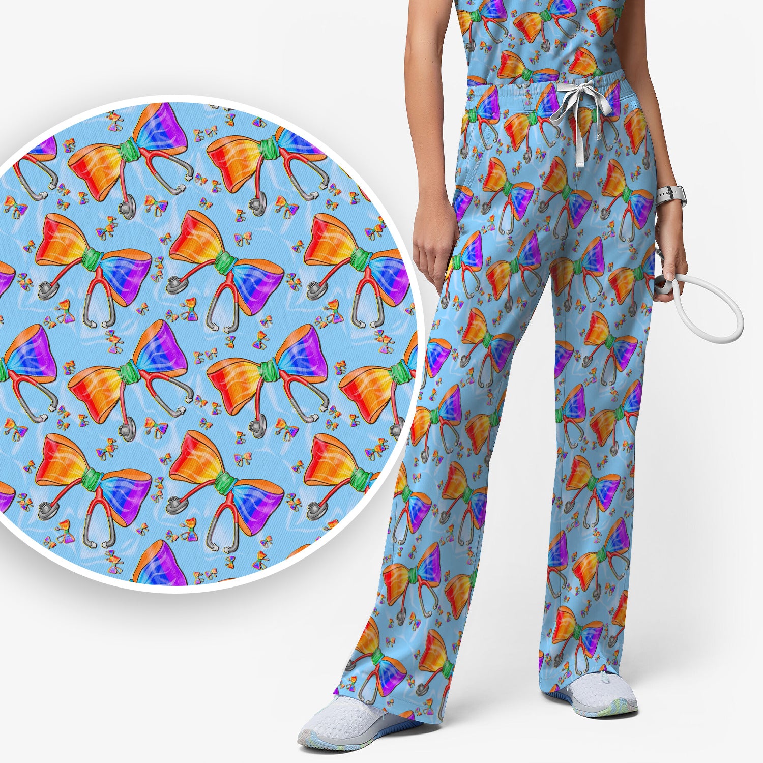 Colorful Rainbow Bow Stethoscope Pattern Scrub Top, Breathable Fabrics Nursing Uniform