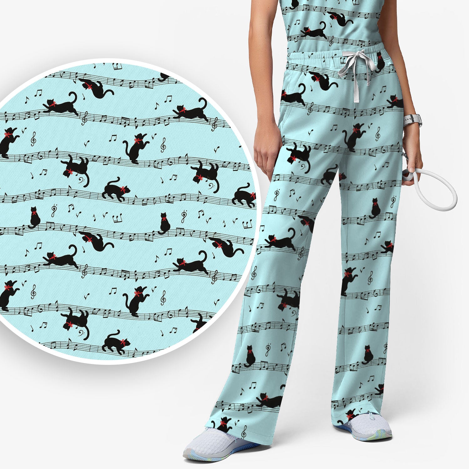 Cute Dancing Black Cat Music Staff Pattern Scrub Set, Scrub Pants and V Neck Top