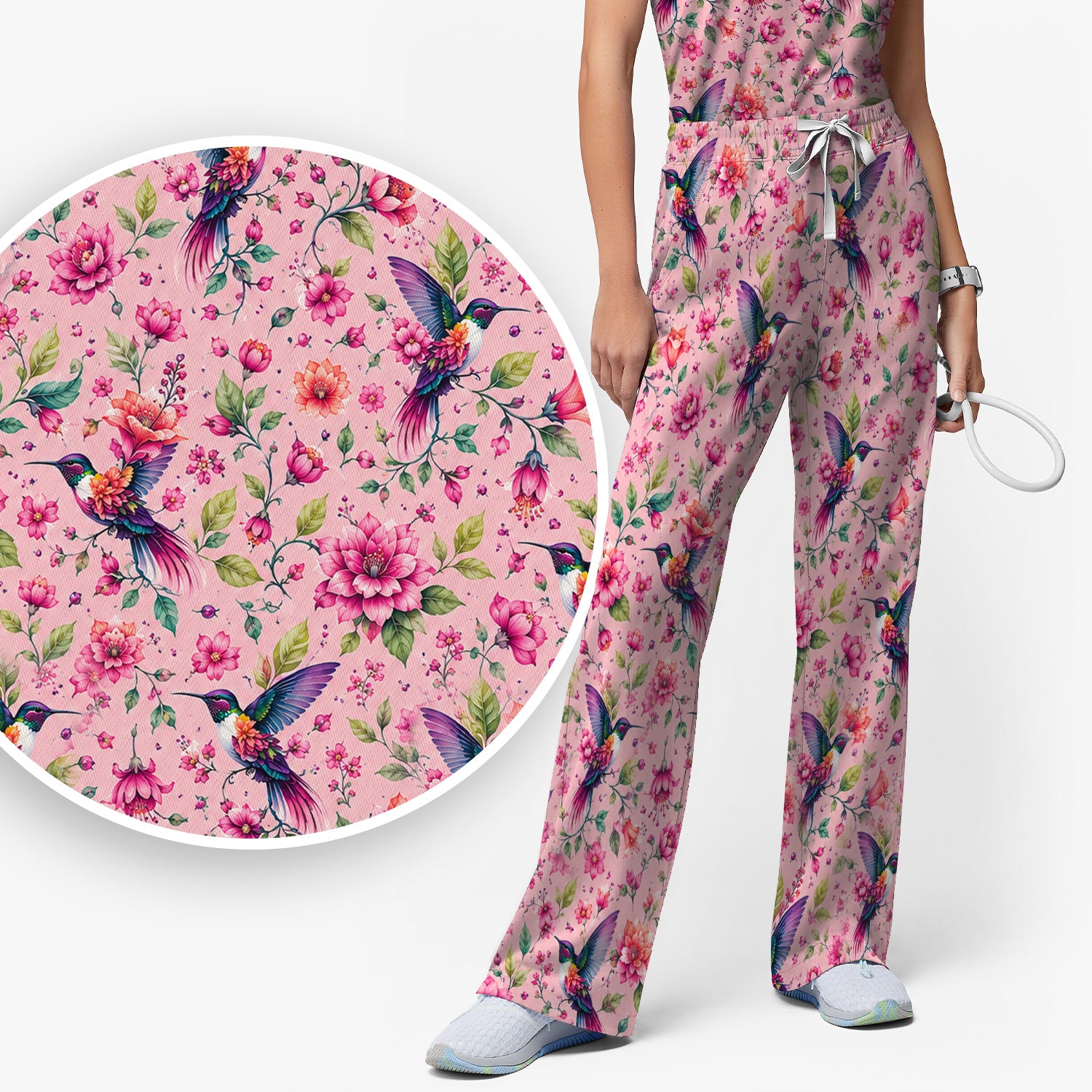 Pink Hummingbird Floral Garden Pattern Scrub Set, Scrub Pants and V Neck Top