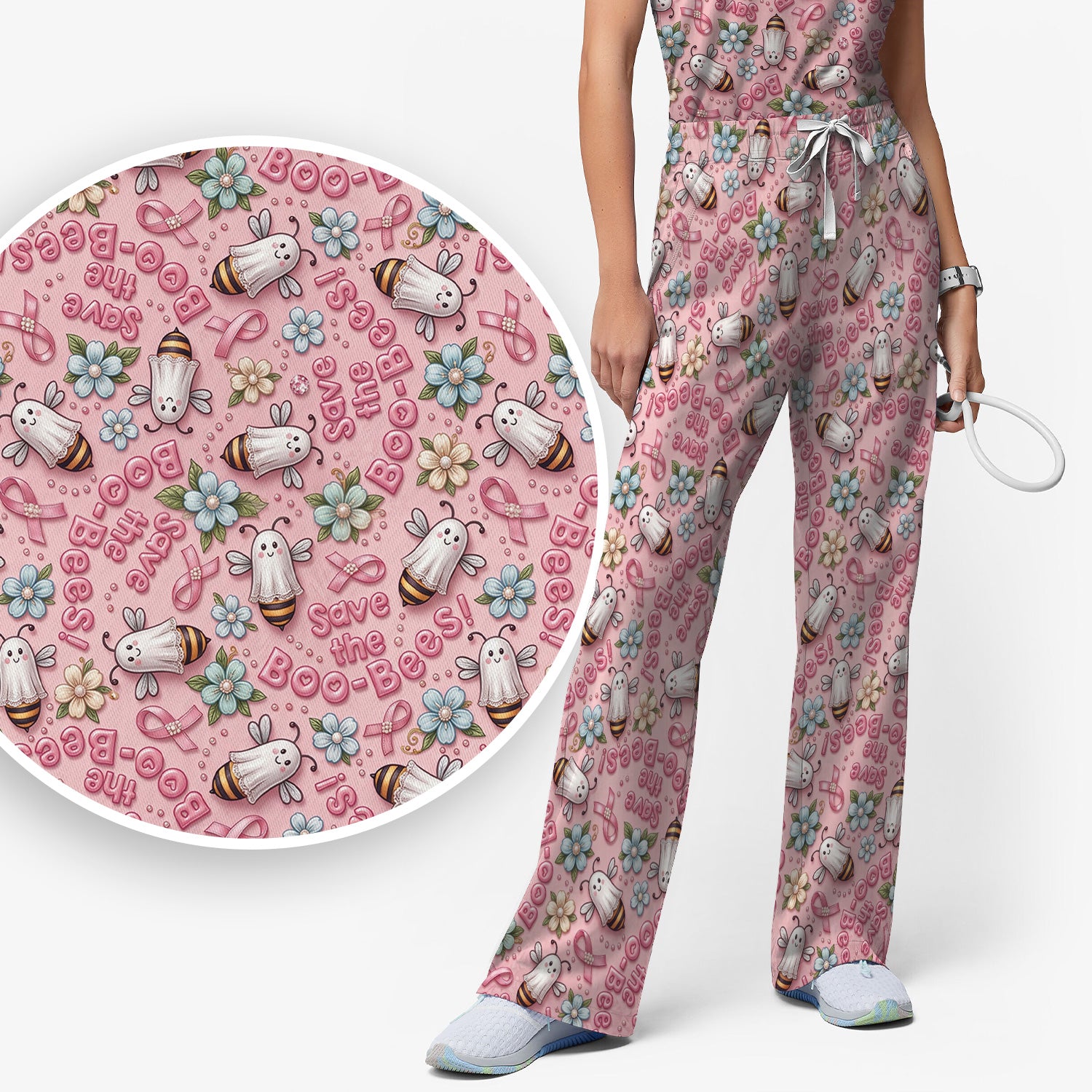 Save The Boo-Bees with Ribbon Scrub Set, Scrub Pants and V Neck Top