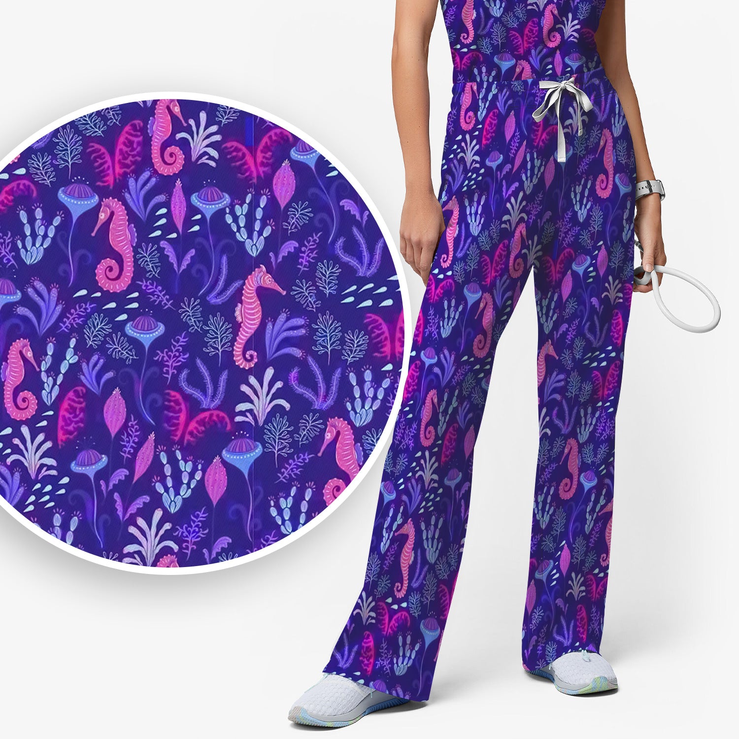 Purple Seahorse Ocean Scrub Set, Scrub Pants and V Neck Top