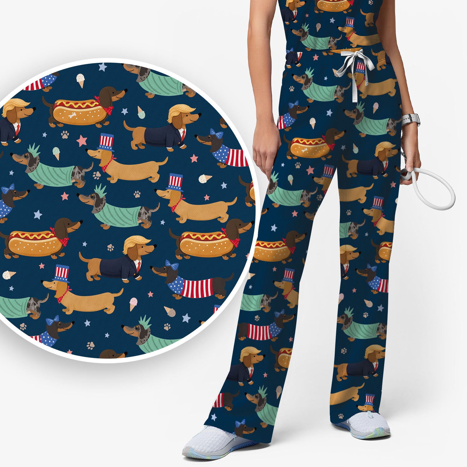 Funny Patriotic Dachshund Costume Dogs Scrub Set, Women's Scrub Sets