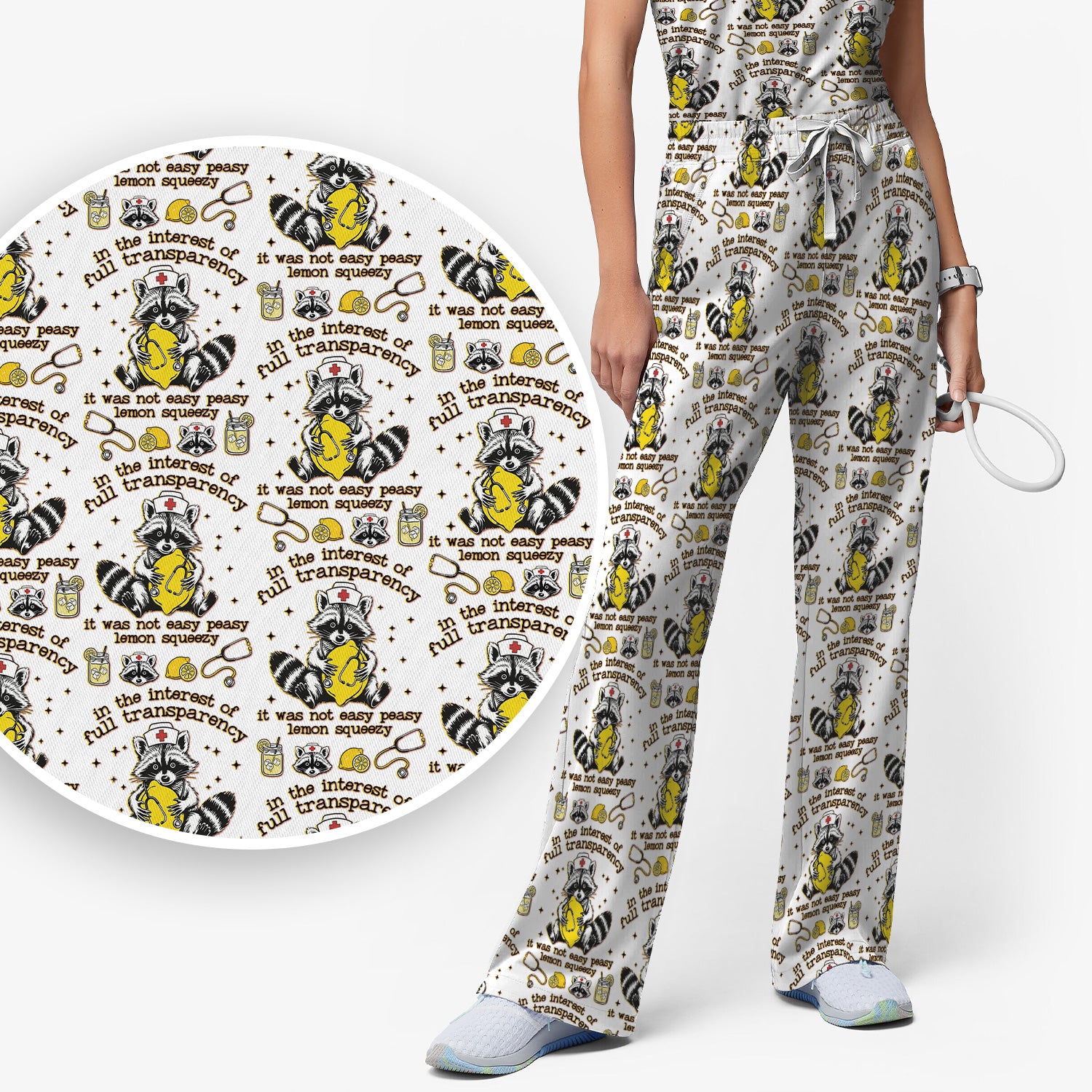Raccoon Lemon Quote Medical Humor Pattern Scrub Set, Breathable Med Uniform