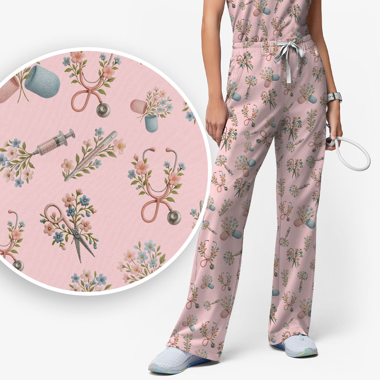 Floral Medical Scrub Set, Elegant Stethoscope With Flower Nursing Shirt, Breathable Fabrics Nurse Uniform
