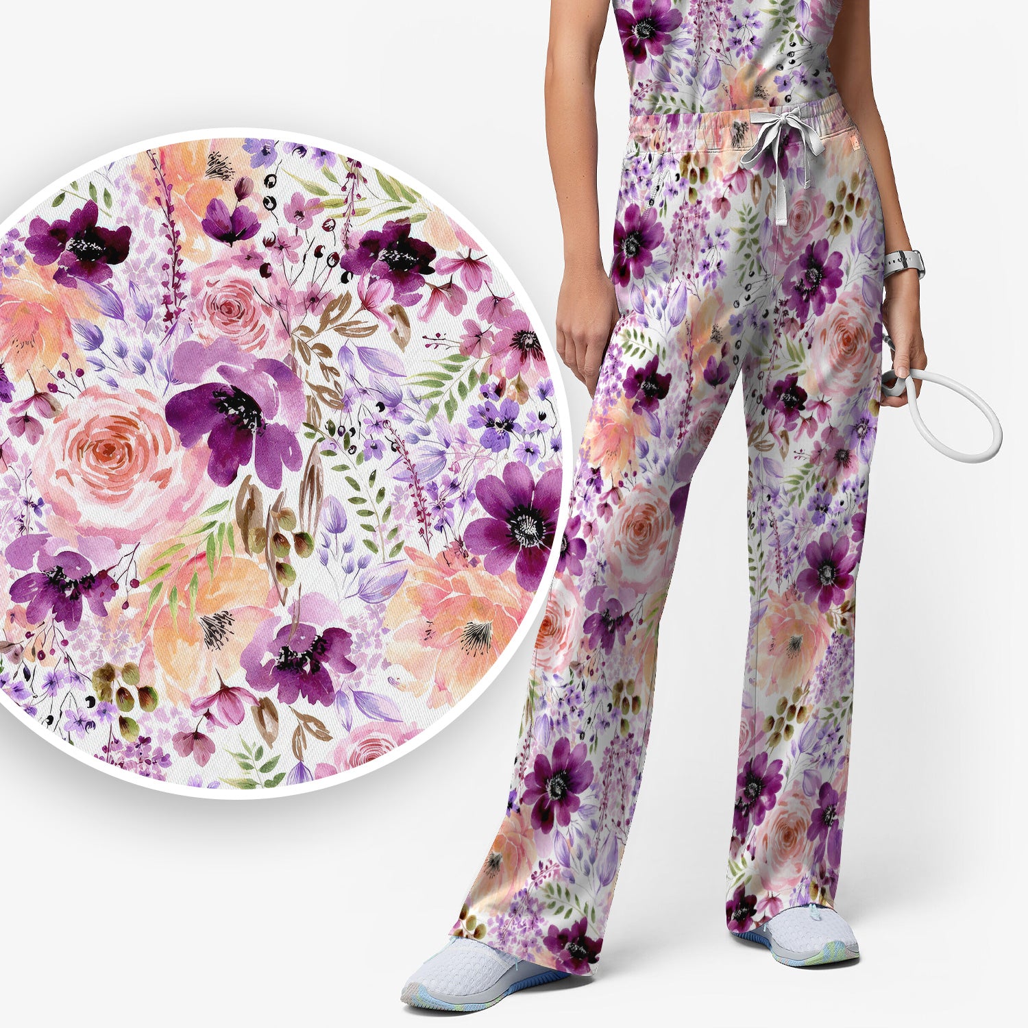 Elegant Watercolor Floral Bloom Scrub Set, Scrub Pants and V Neck Top