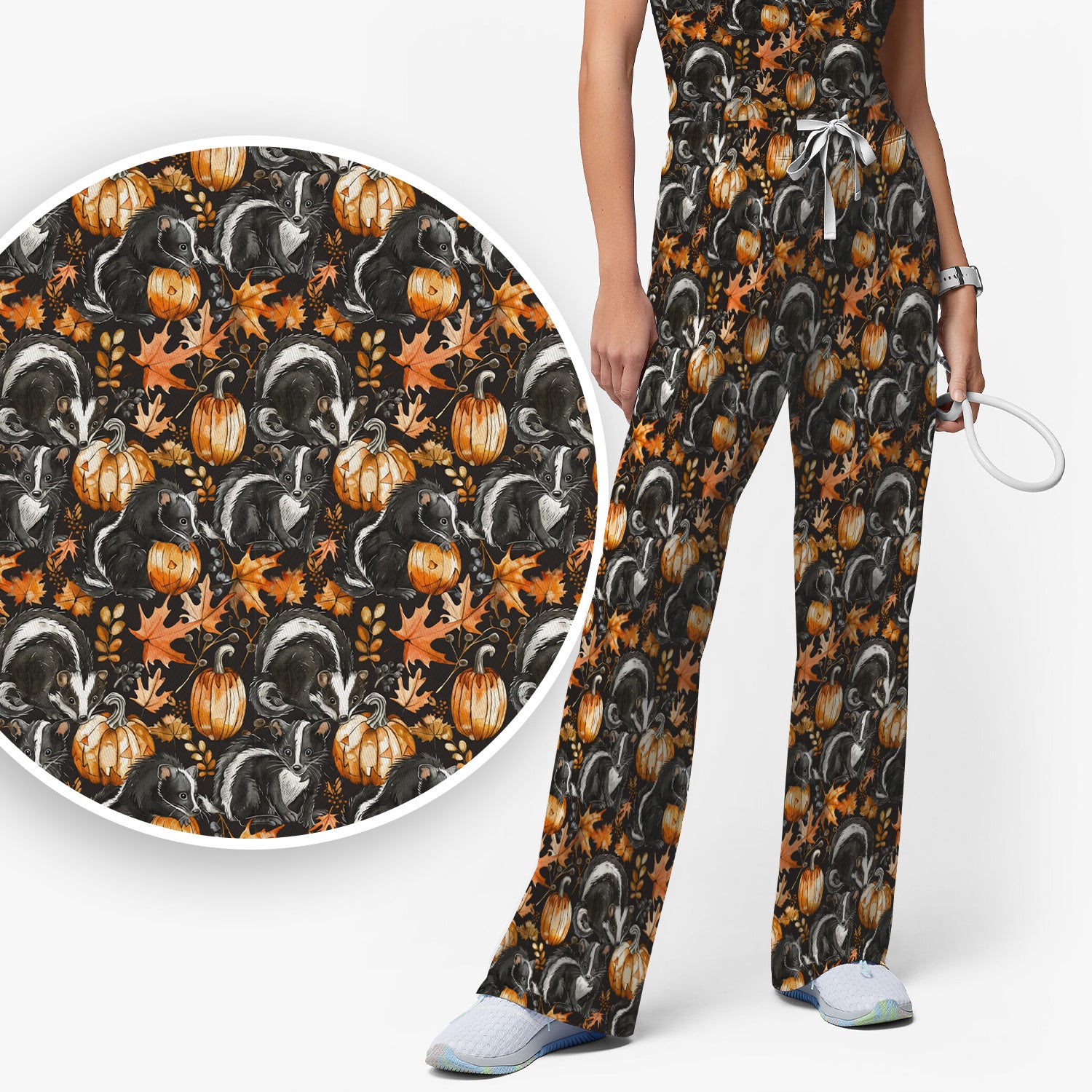 Skunk Pumpkin with Autumn Leaves Pattern Scrub Set, Scrub Pants and V Neck Top