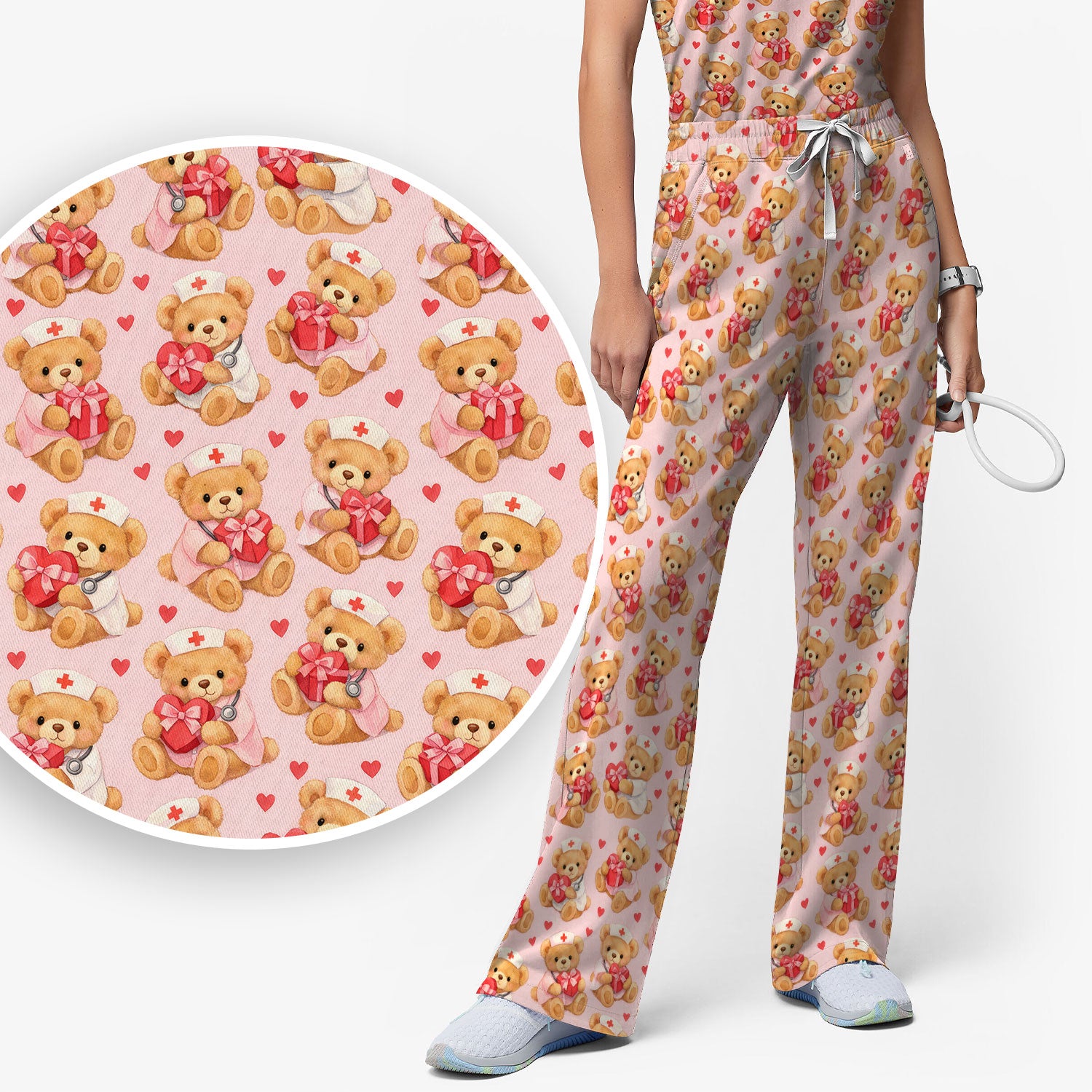 Valentine Teddy Pattern Scrub Set, Bear And Heart Medical Nurse Scrub Shirt, Breathable Fabrics Nursing Uniform