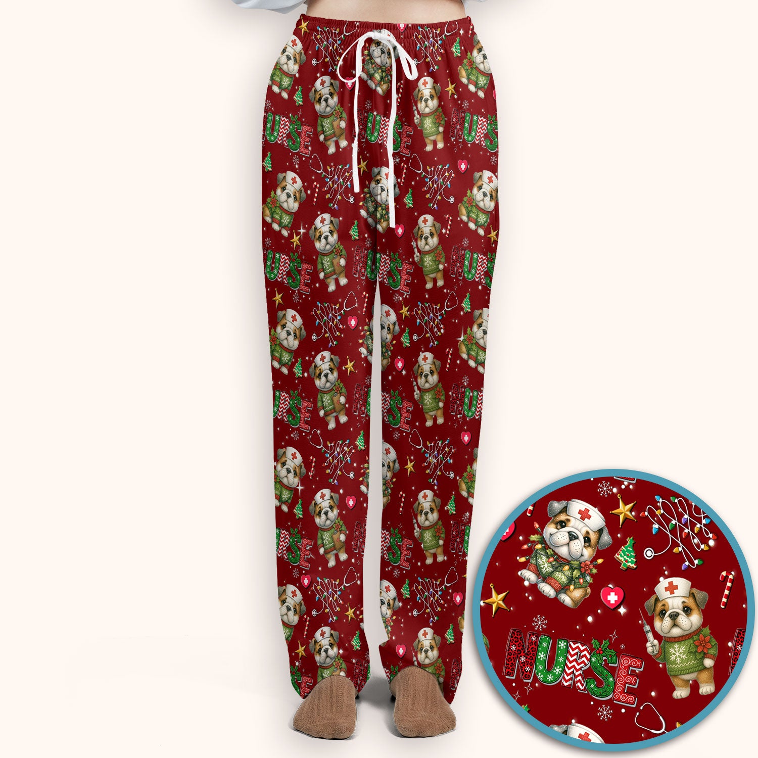 Bulldog Christmas Nurse Scrub Set - Funny Dog Scrubs Pants and V Neck Top - Cute Holiday Medical Uniform