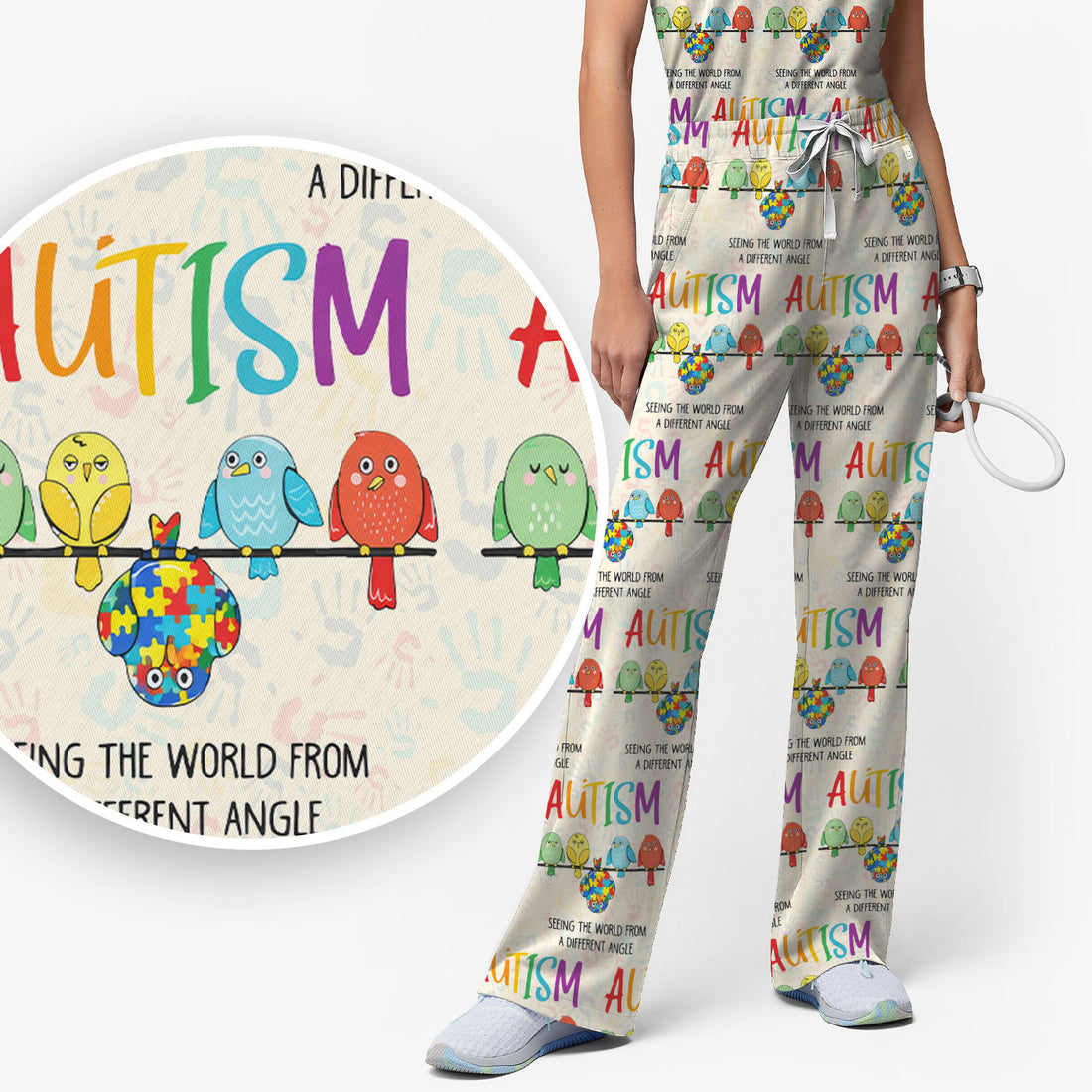 Autism Seeing The World From A Different Angle Birds Scrub Set, Breathable Med Uniform