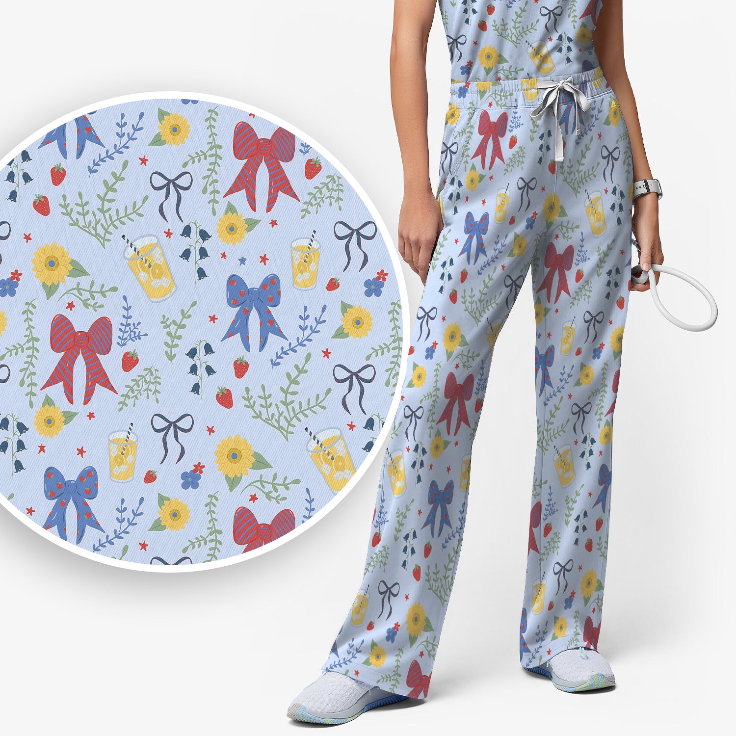 Sweet Summer Bow Nurse, Lemonade Floral Medical Scrub Set, Scrub Pants and V Neck Top