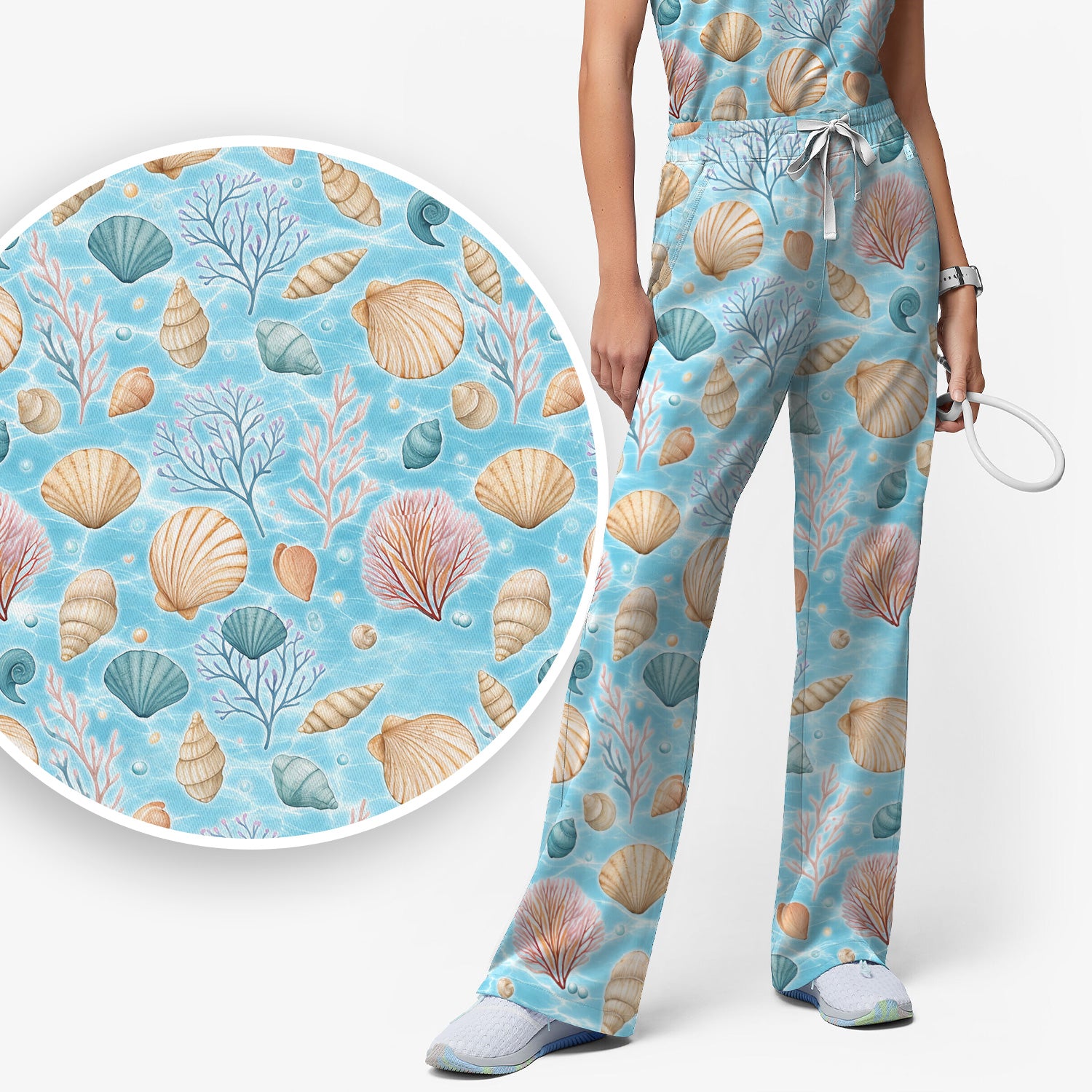Cute Nurse Coastal Seashell And Coral Reef Scrub Set, Scrub Pants and V Neck Top