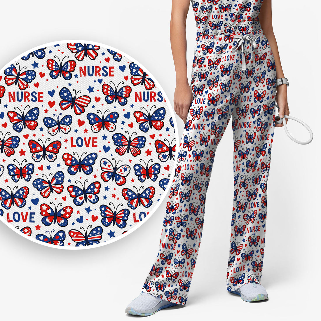 USA Patriotic Butterfly Nurse Scrub Set, Comfortable Uniform Scrubs For Nursing