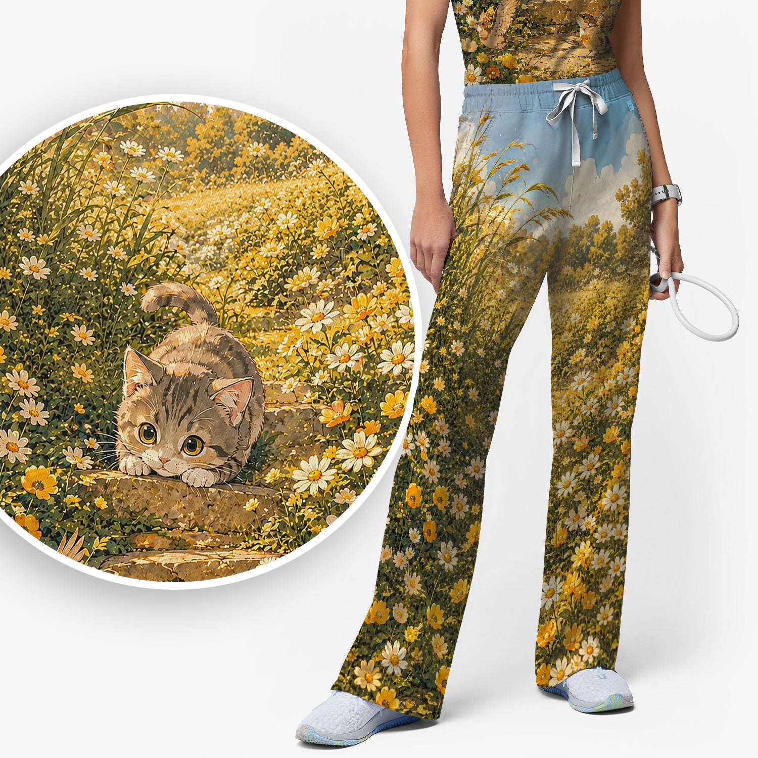 Sunny Garden Cat Nurse Pattern, Floral Medical Scrub Set, Scrub Pants and V Neck Top
