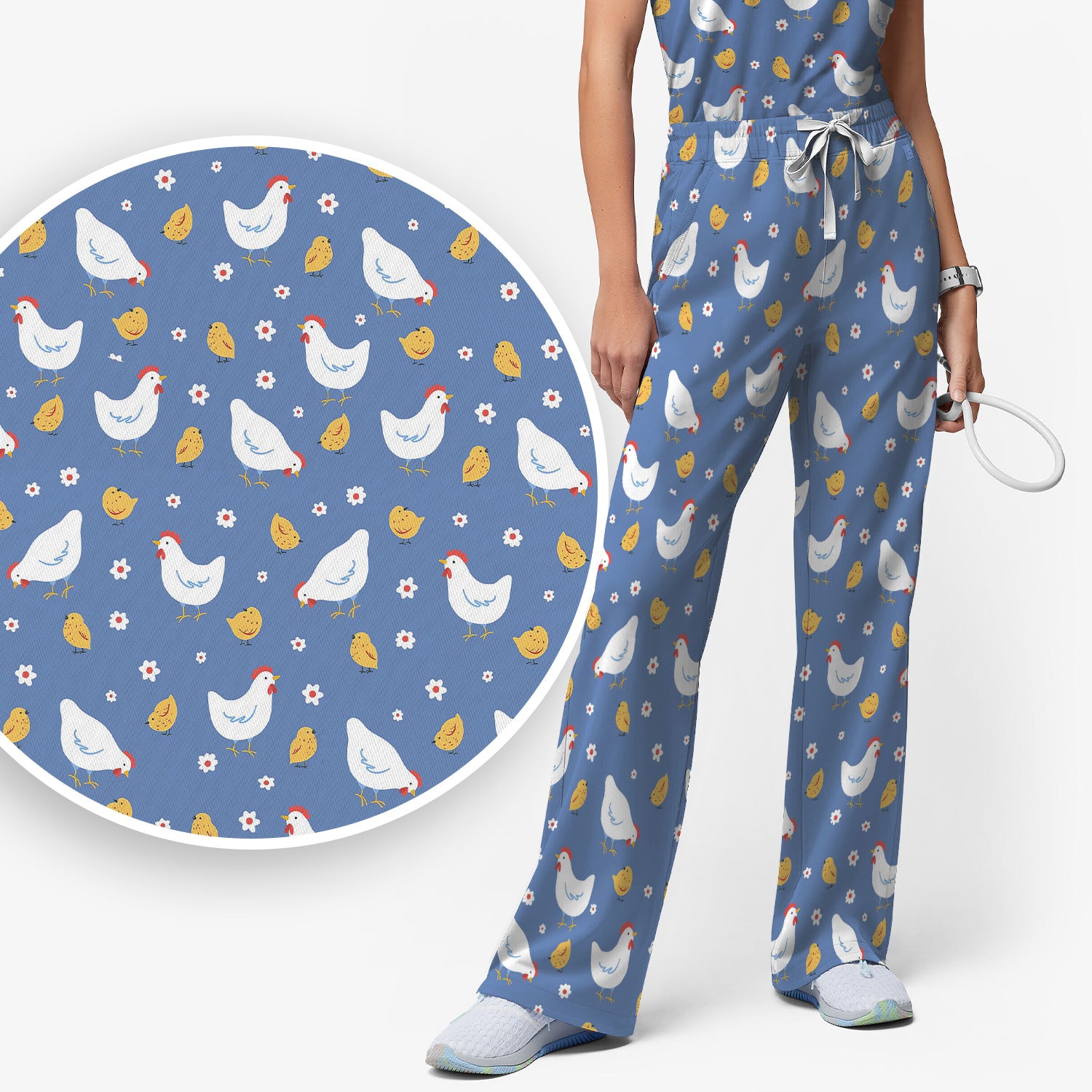 Chicken And Cute Chicks Pattern Scrubs Sets, Scrub Pants and V Neck Top