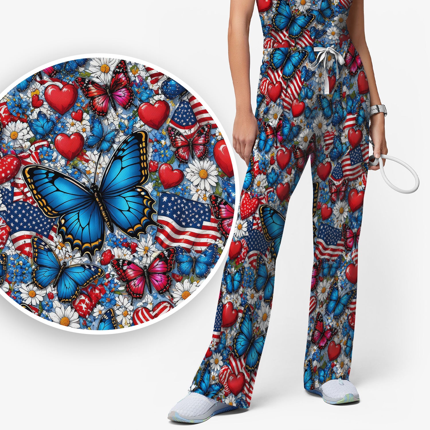 Festive Patriotic Butterfly Heart Floral Pattern Scrub Set, Scrub Pants and V Neck Top