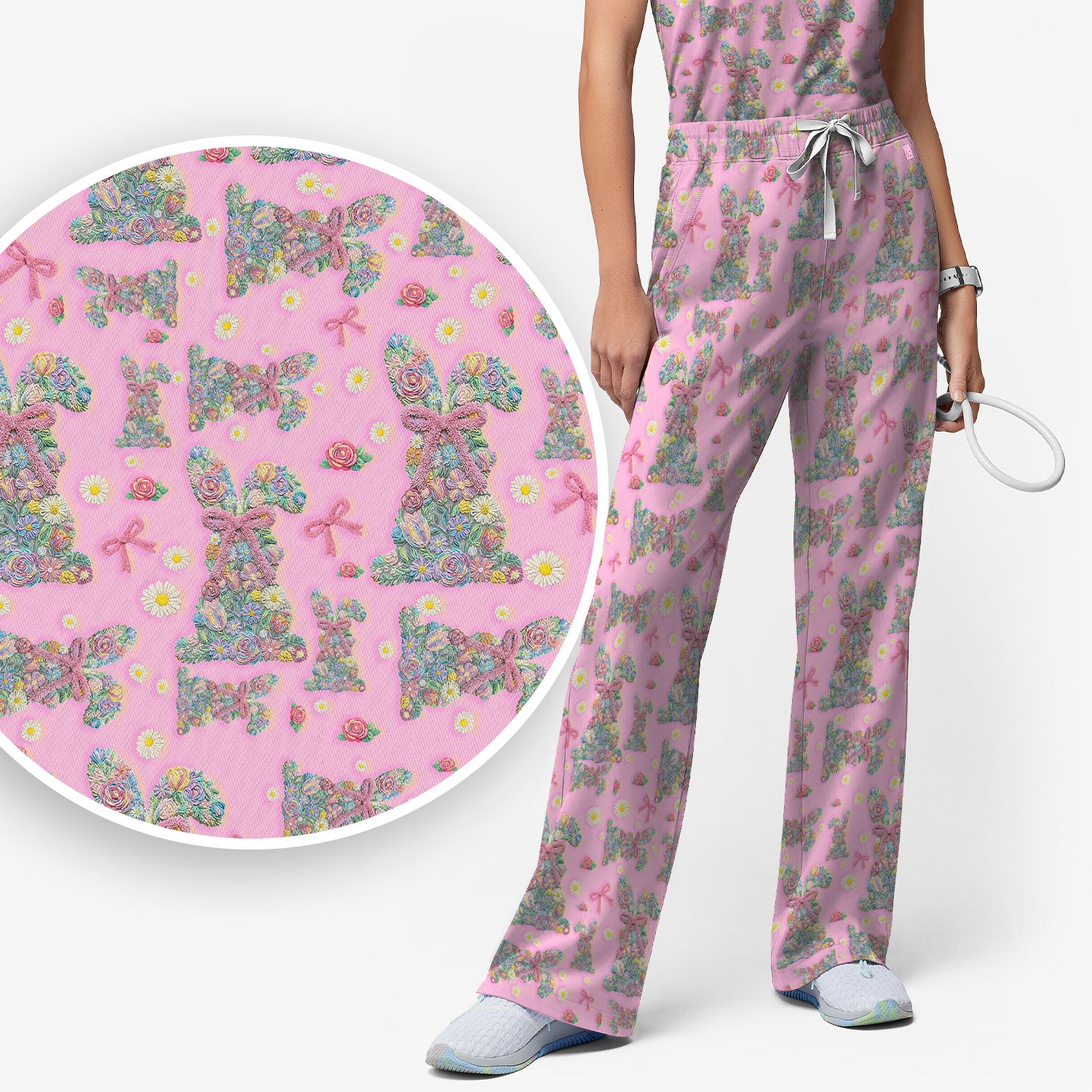 Colorful Floral Bunny with Pink Bow Pattern Scrub Set, Breathable Med Uniform
