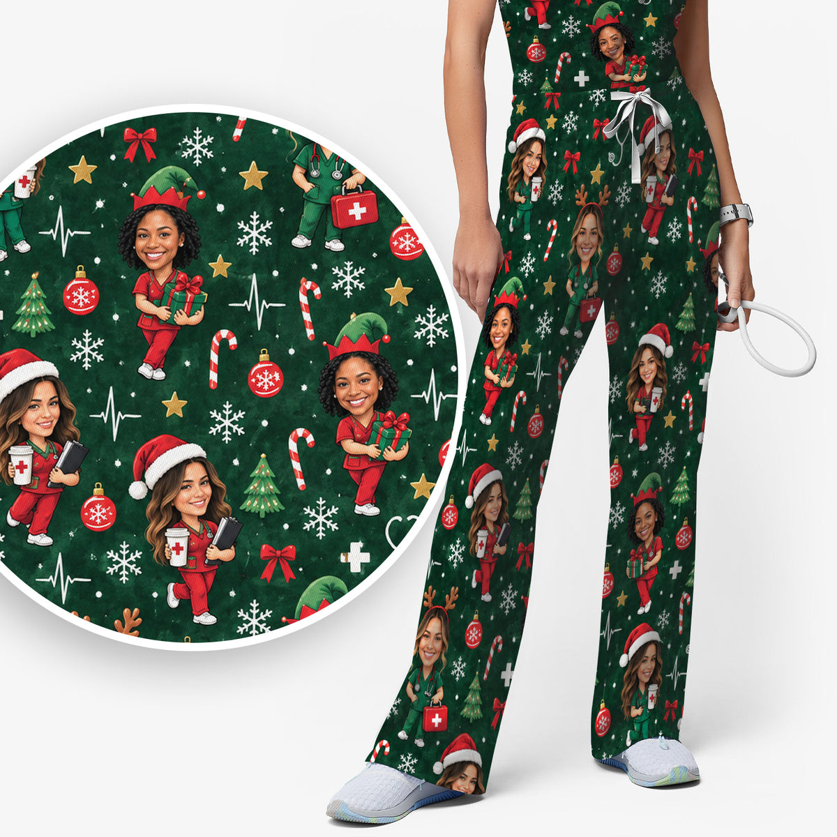 Personalized Christmas Nurse Photo And Name Scrub Set, Scrub Pants and V Neck Top