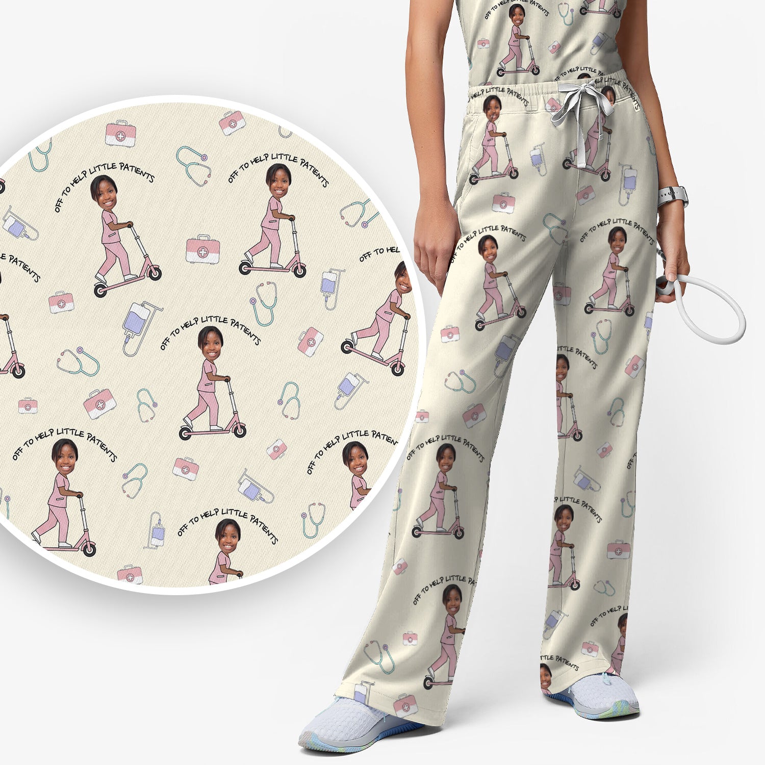 Custom Face Pediatric Nurse Scooter Pattern Scrub Set, Scrub Pants and V Neck Top