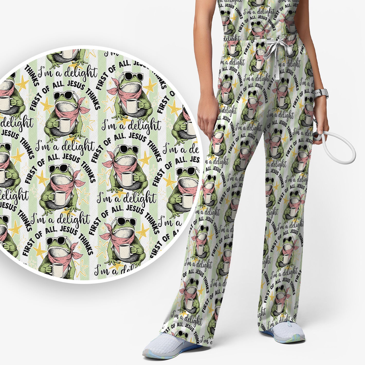 Funny Frog Coffee Quote Pattern Scrub Set, Scrub Pants and V Neck Top