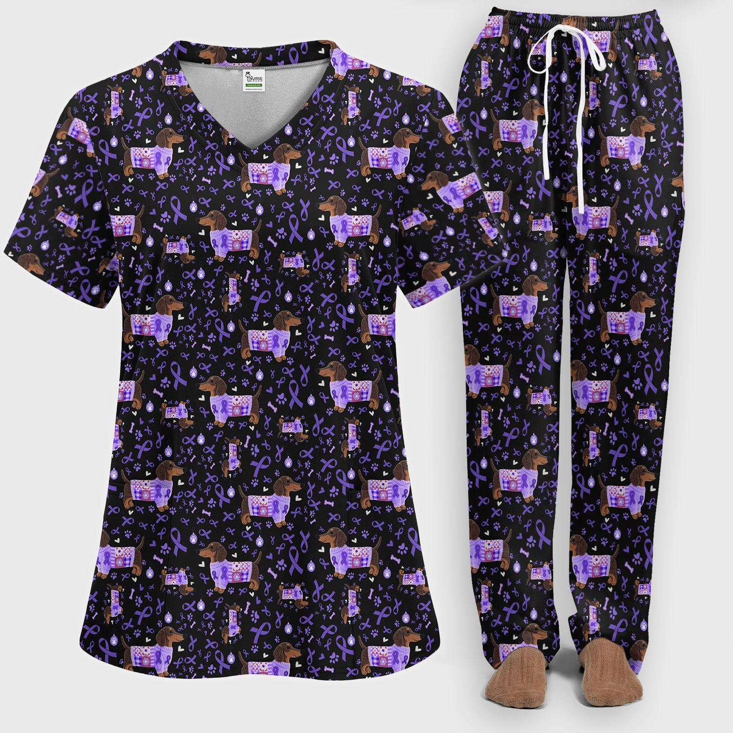 Purple Ribbon Dachshund Scrub Sets - Cute Awareness Dog Paw Prints Scrub Pants and V Neck Top - Support Lupus Cancer Med Uniform