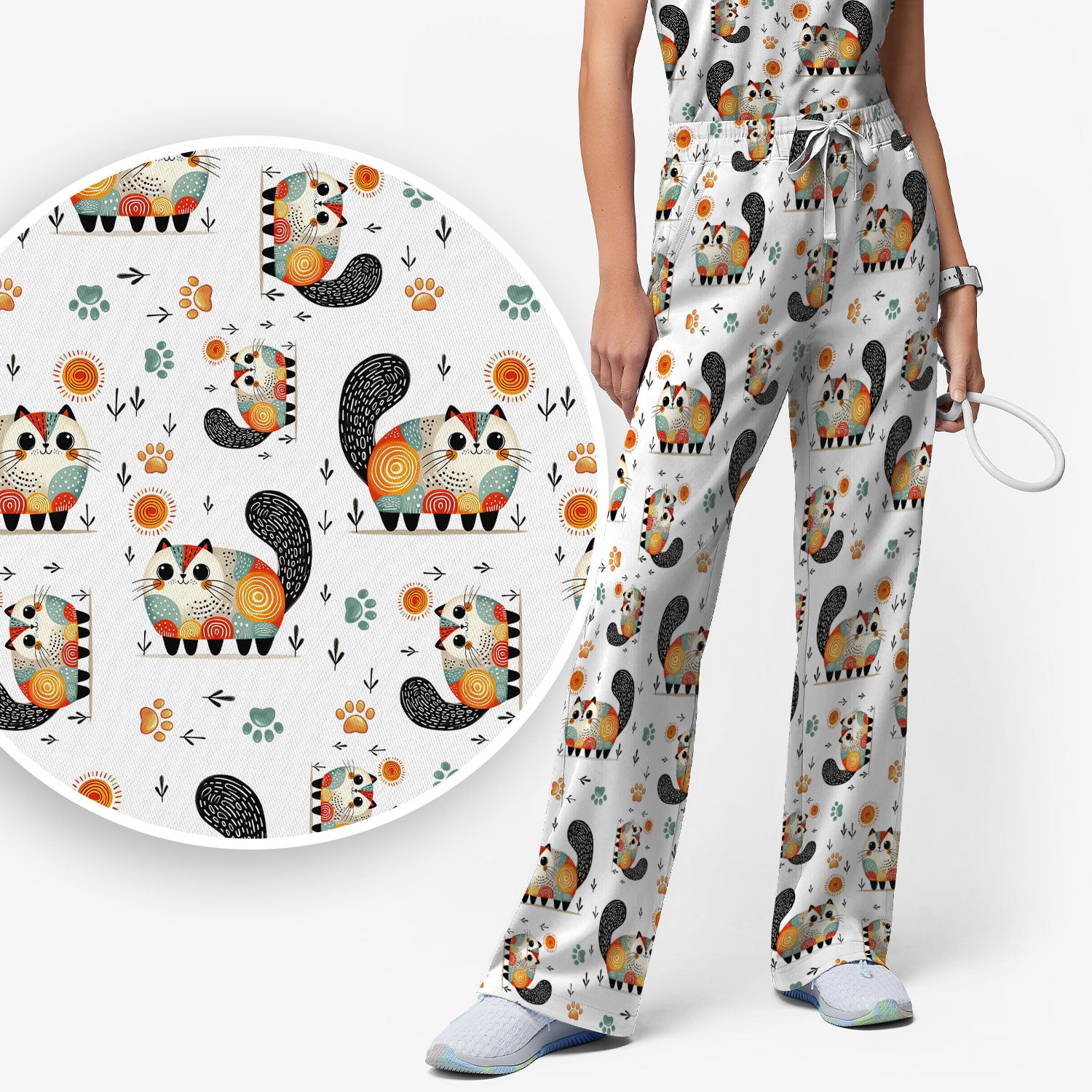 Playful Cat Illustration Women's Scrub Set, Breathable Med Uniform