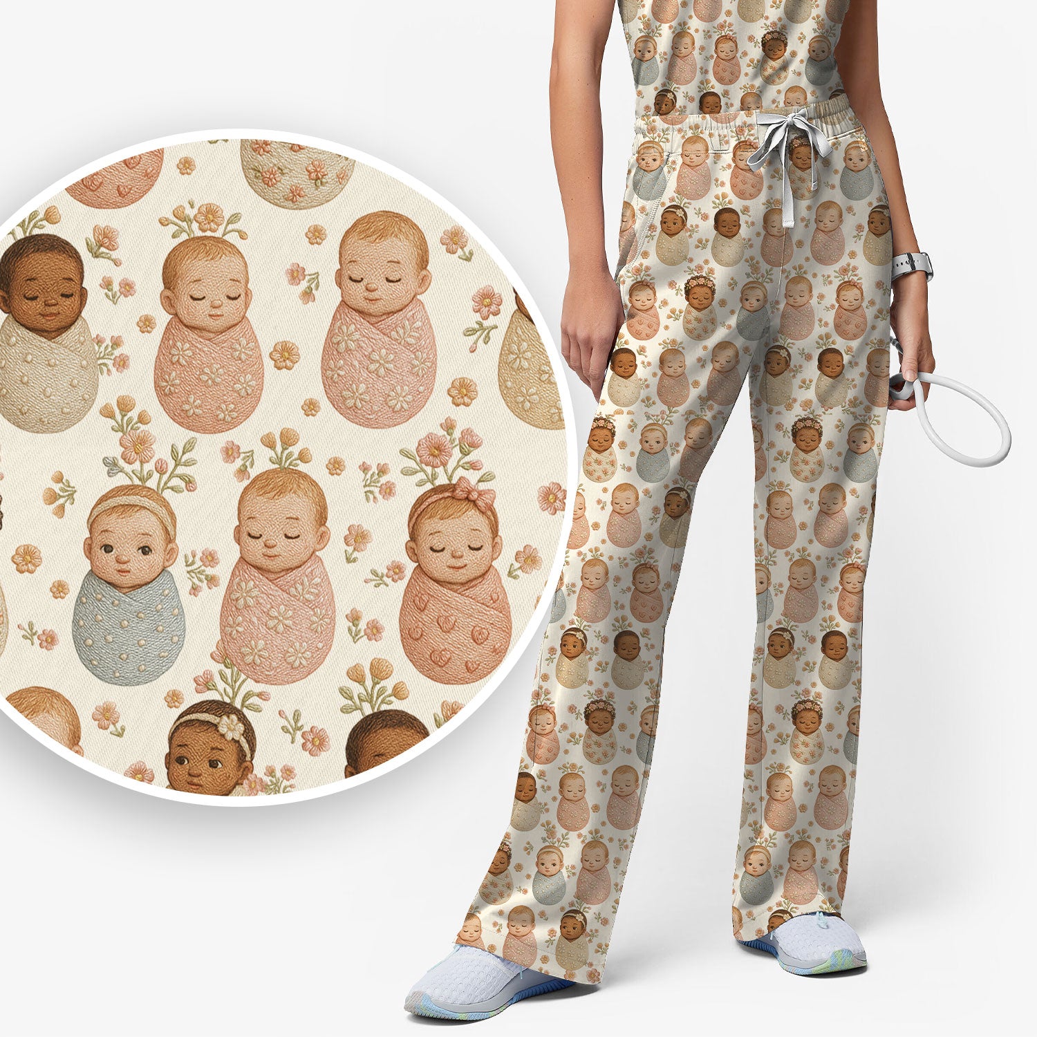 Sweet Newborn Baby Floral Print Women's Scrub Set, Breathable Med Uniform