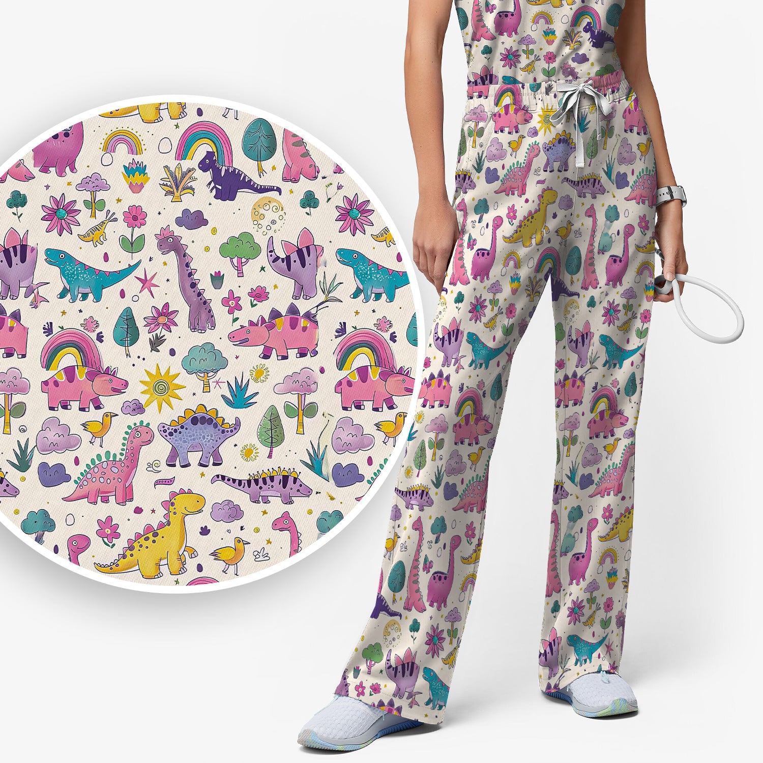 Cute Dinosaur Rainbow Pattern Scrub Set, Scrub Pants and V Neck Top