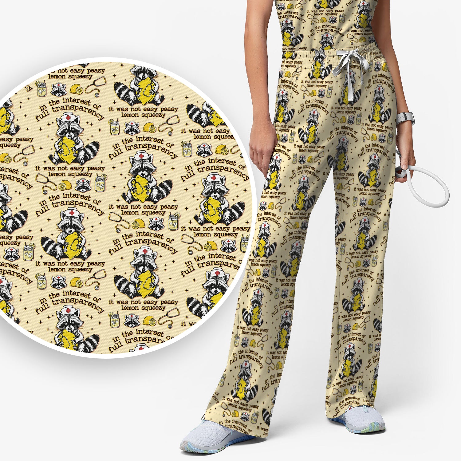 Raccoon Lemon Quote Medical Humor Pattern Scrub Set, Breathable Med Uniform