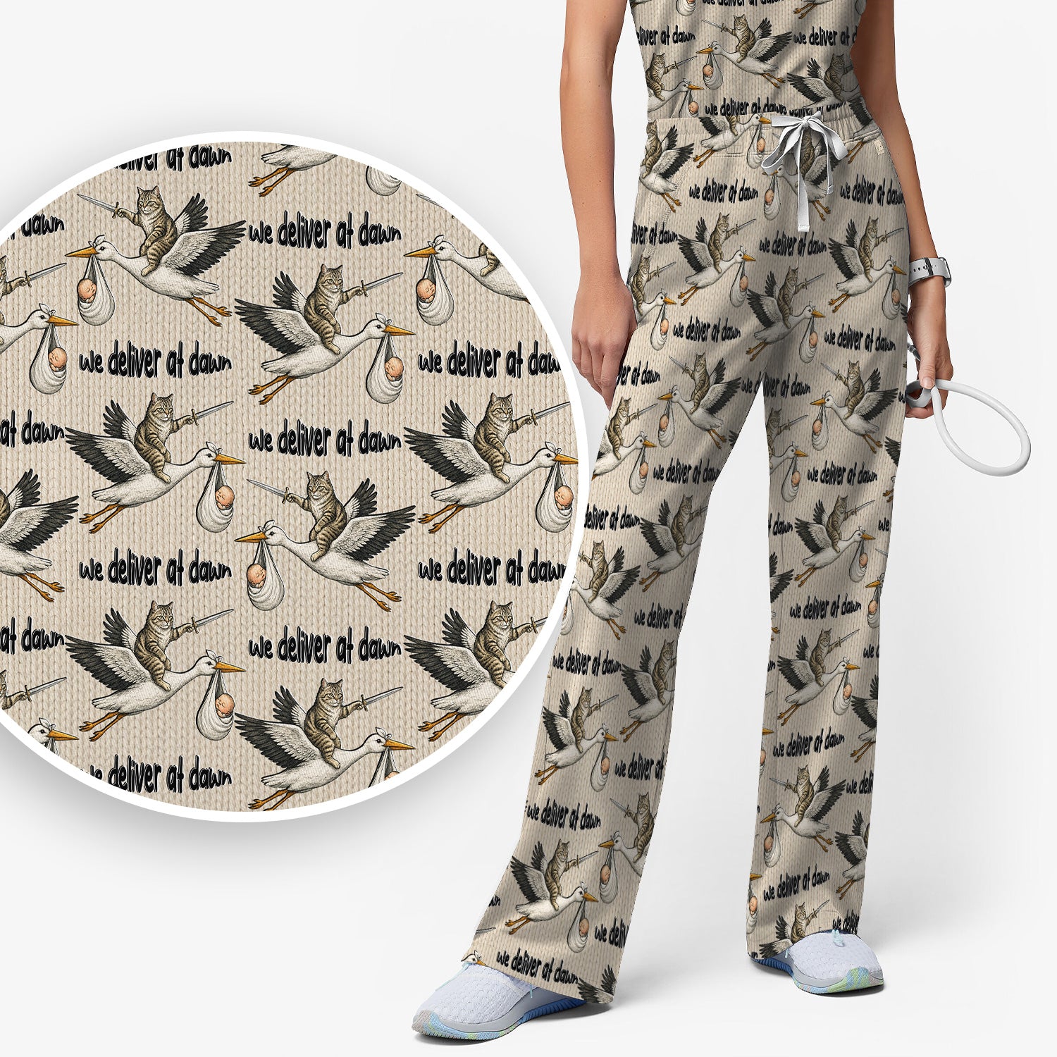 Funny Stork Cat Delivery Pattern Scrub Set, Scrub Pants and V Neck Top