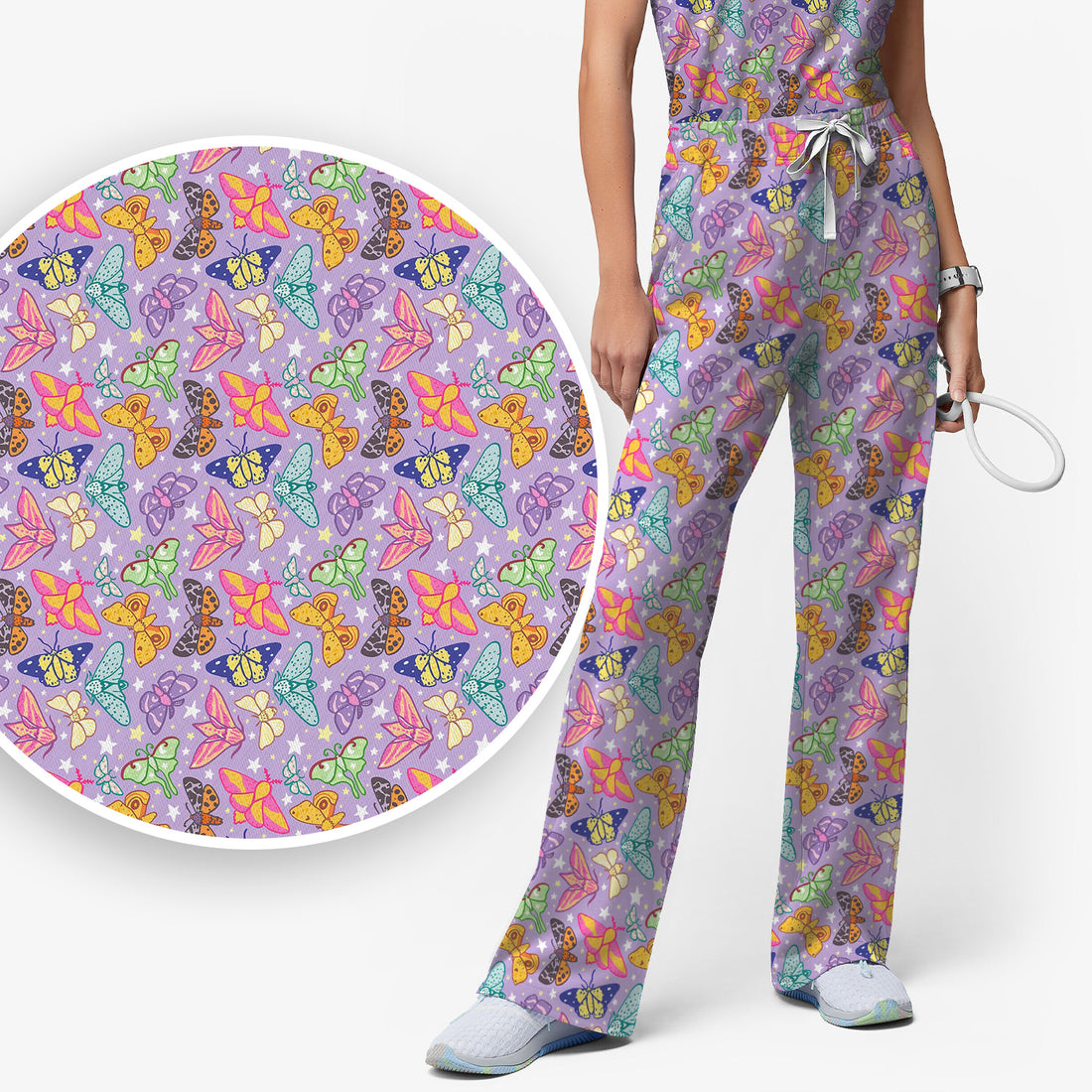 Colorful Butterfly Moth Garden Pattern Scrub Set, Scrub Pants and V Neck Top