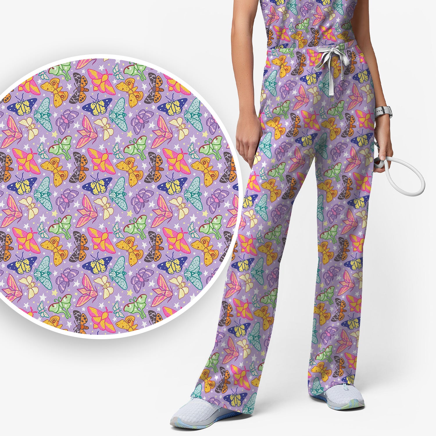 Colorful Butterfly Moth Garden Pattern Scrub Set, Scrub Pants and V Neck Top