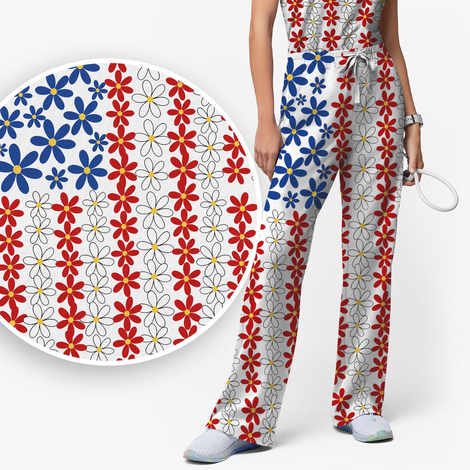 Retro Red Blue Daisy Stripe Pattern Scrub Top, Breathable Fabrics Nursing Uniform