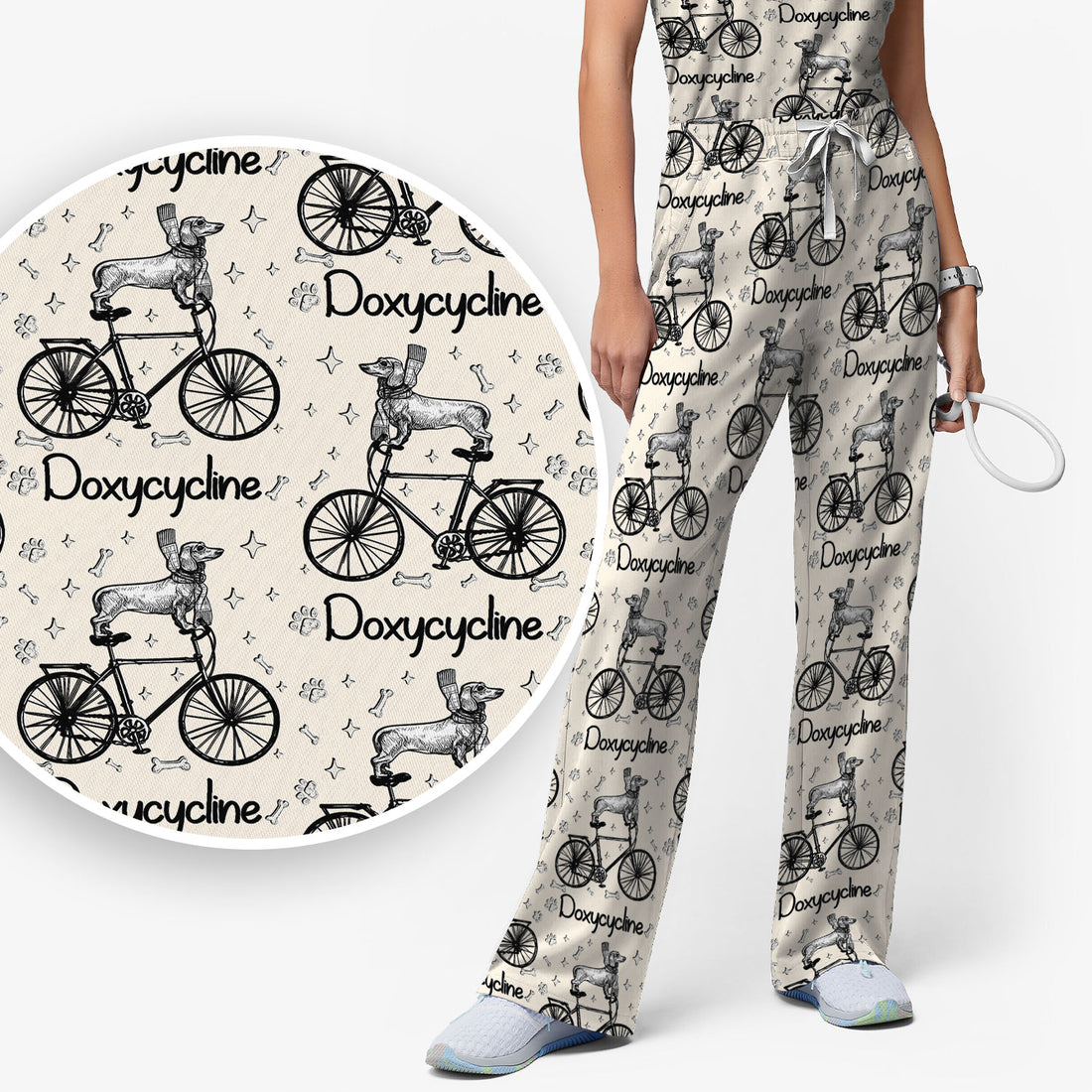 Funny Doxycycline Dog Bicycle Print Scrub Set, Scrub Pants and V Neck Top