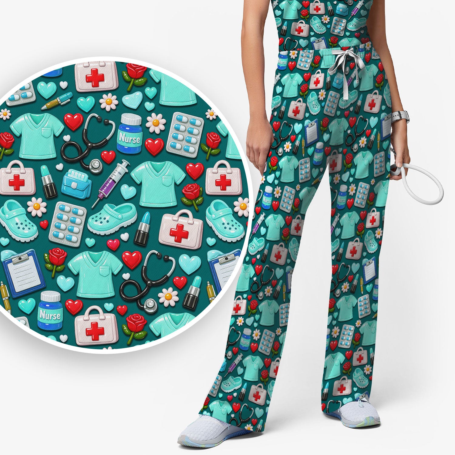 Medical Icons Scrub Set, Cute Pattern Nurse Shirt, Breathable Fabrics Nursing Uniform