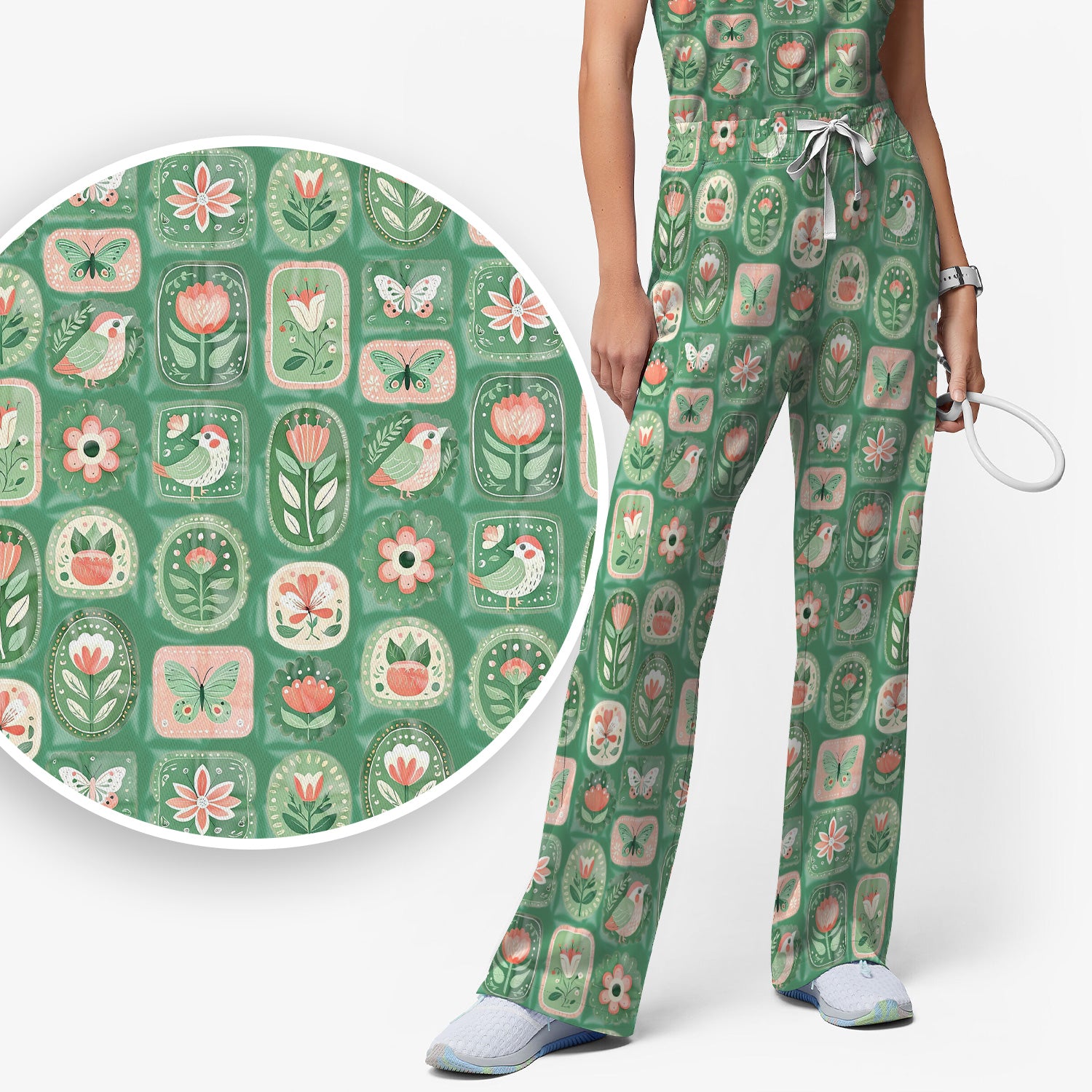 Folk Art Floral Bird Butterfly Garden Pattern Scrub Set, Scrub Pants and V Neck Top