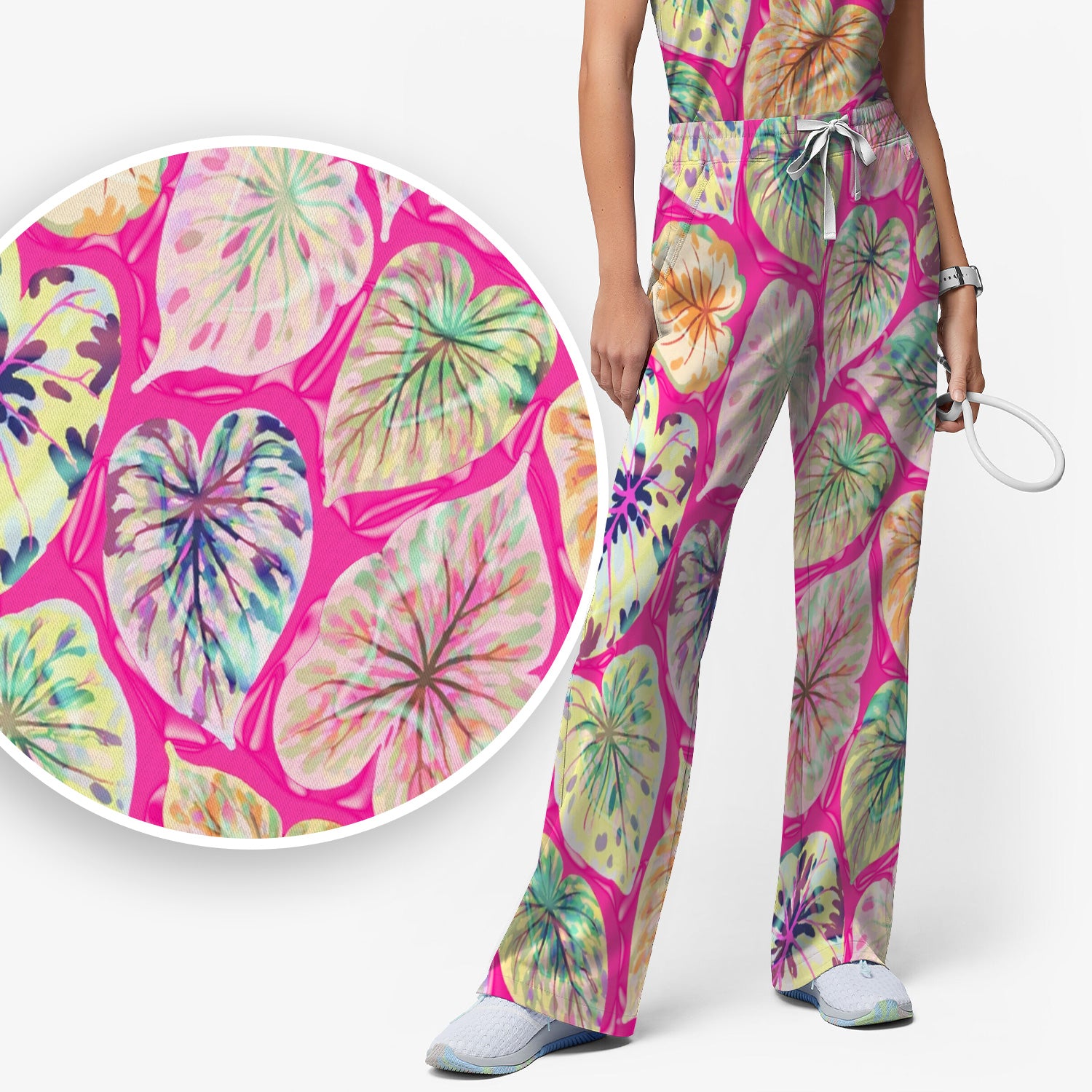 Tropical Colorful Shaped Leaf Nurse Pattern Scrub Set, Scrub Pants and V Neck Top