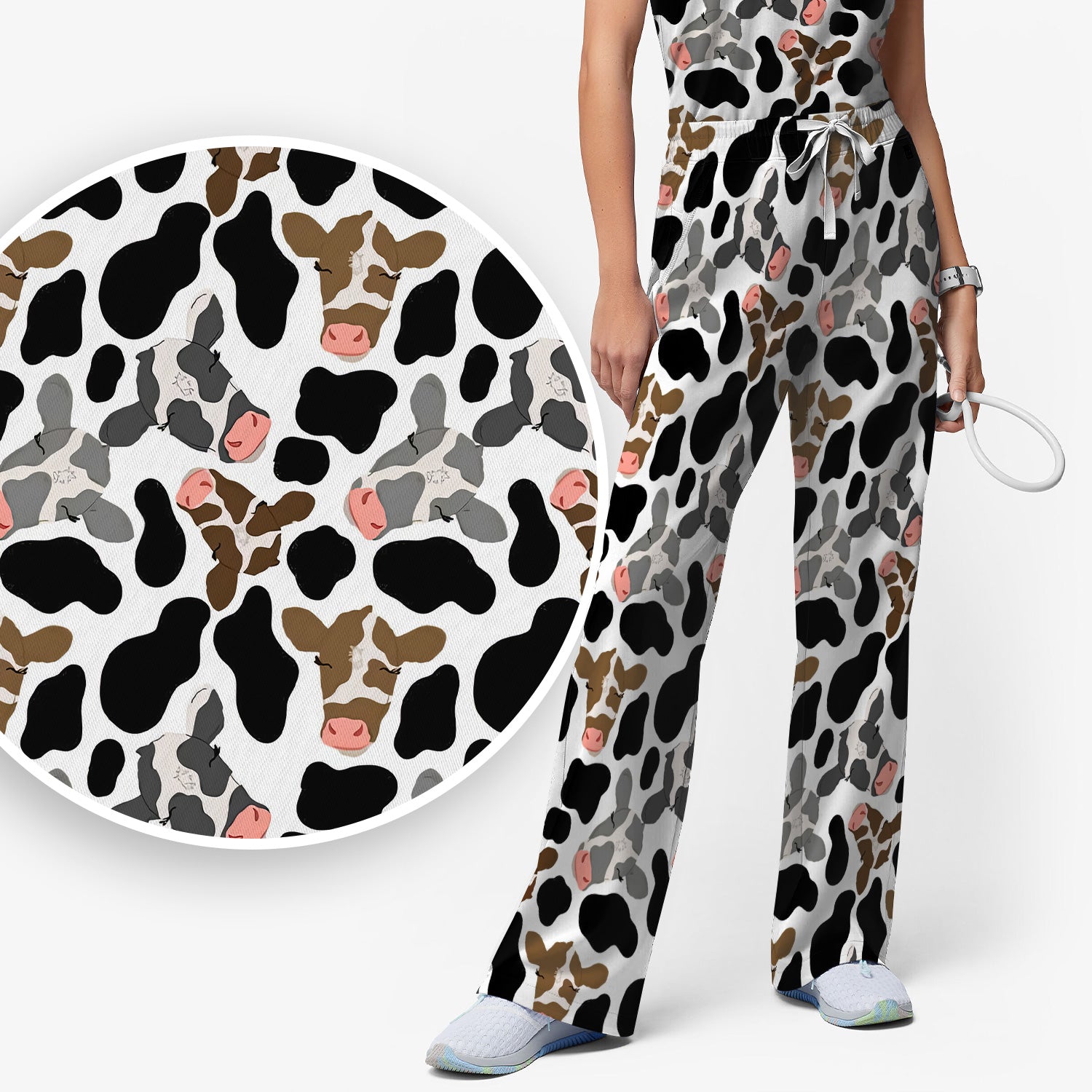 Cute Cow Face Black White Pattern Nurse Scrub Set, Scrub Pants and V Neck Top