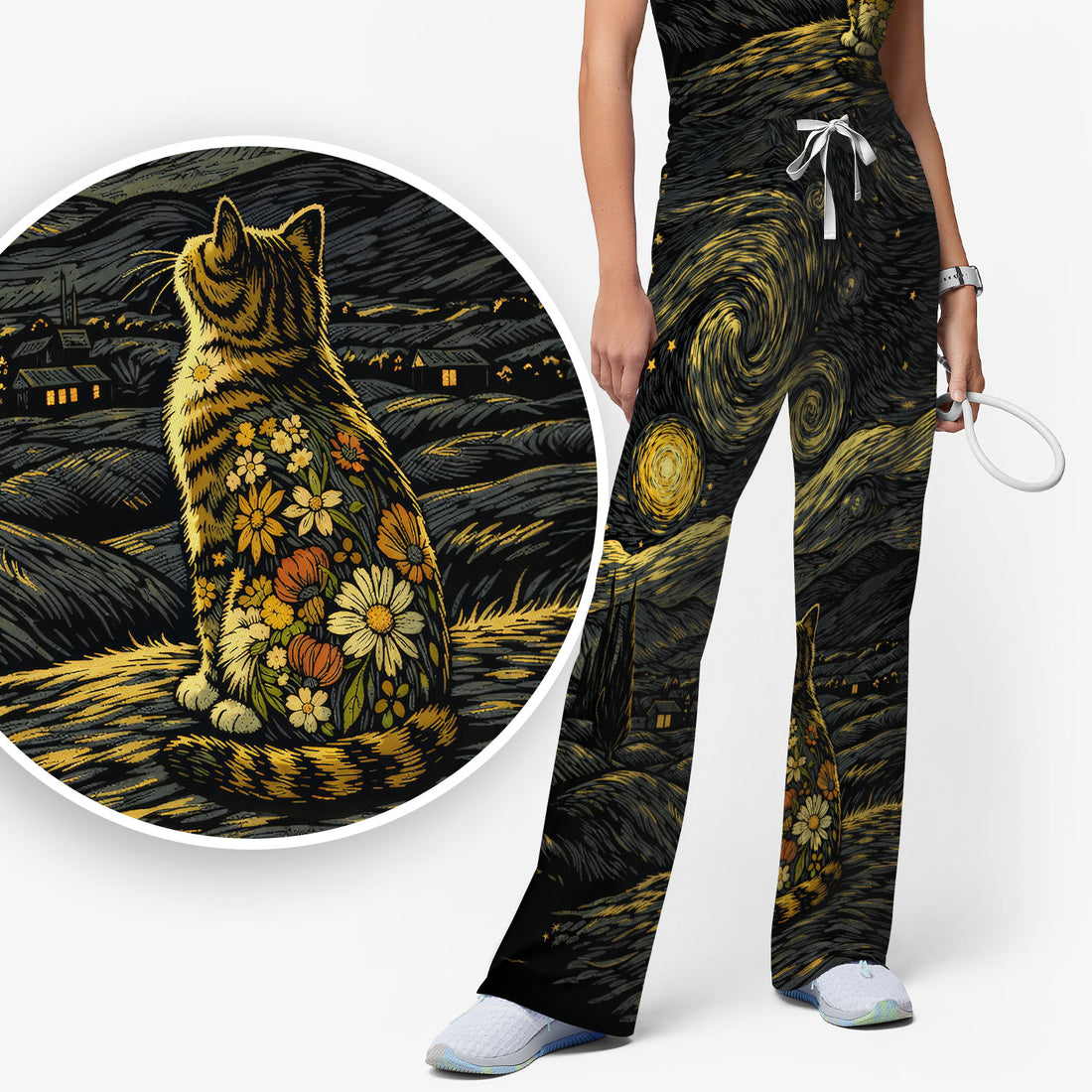 Galaxy Night Sky Cat With Flowers Print Scrub Set, Breathable Med Uniform