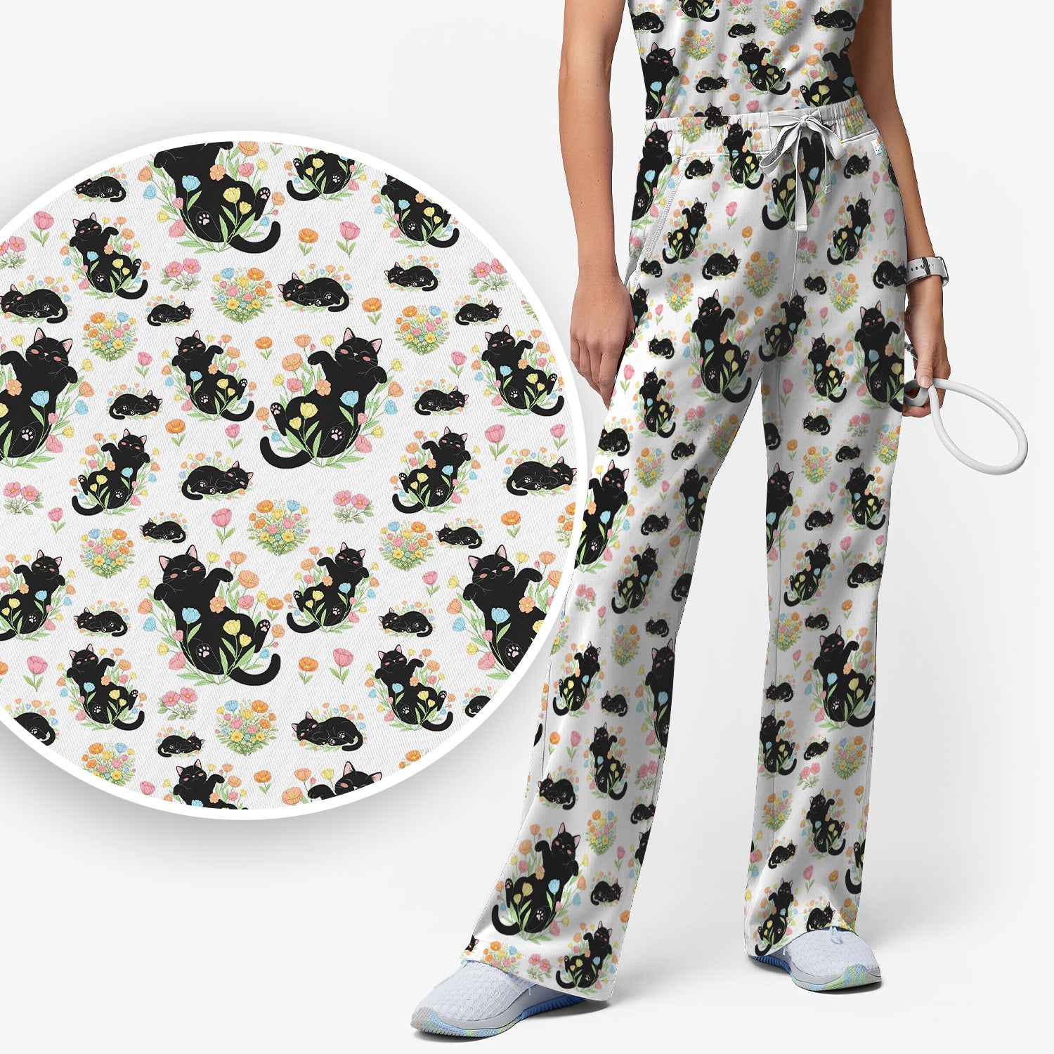Cats With Cute Poses Floral Pattern Scrubs Sets, Scrub Pants and V Neck Top