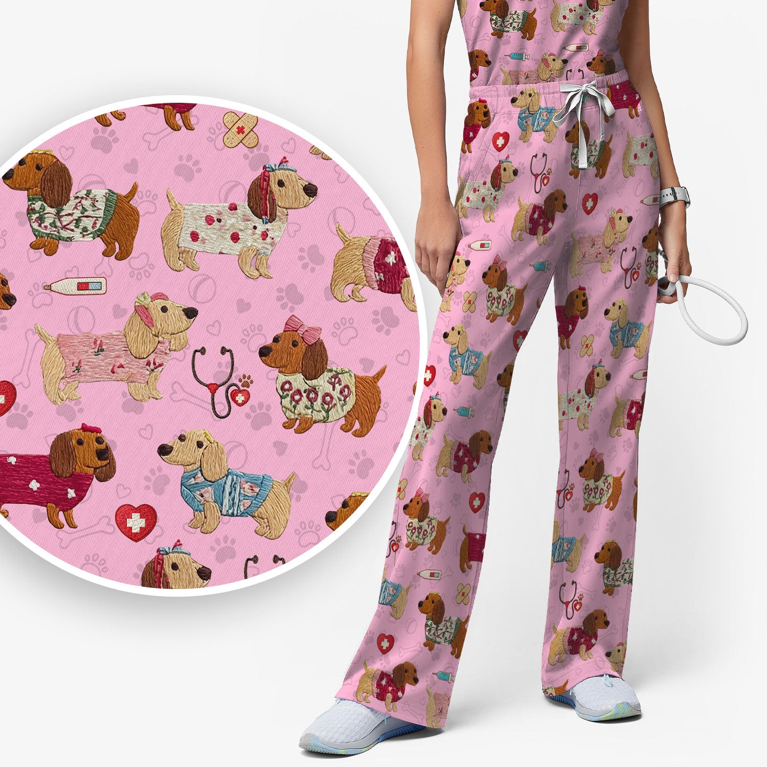 Cute Medical Wiener Dog Pattern Nurse Shirt, Dachshund Nursing Scrub Set, Breathable Fabrics Nursing Uniform