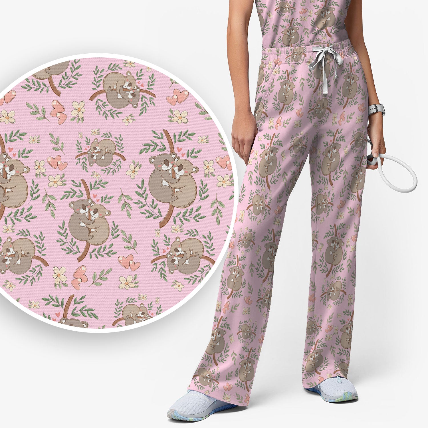 Cute Koala Couple Floral Medical Print Scrub Set, Women's Scrub Sets