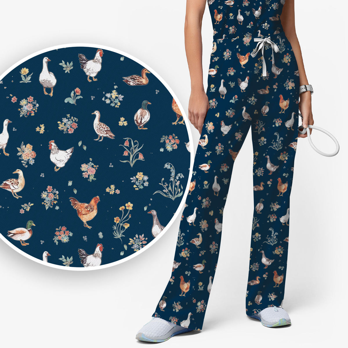 Farm Chicken Duck Floral Pattern Scrubs Sets, Scrub Pants and V Neck Top