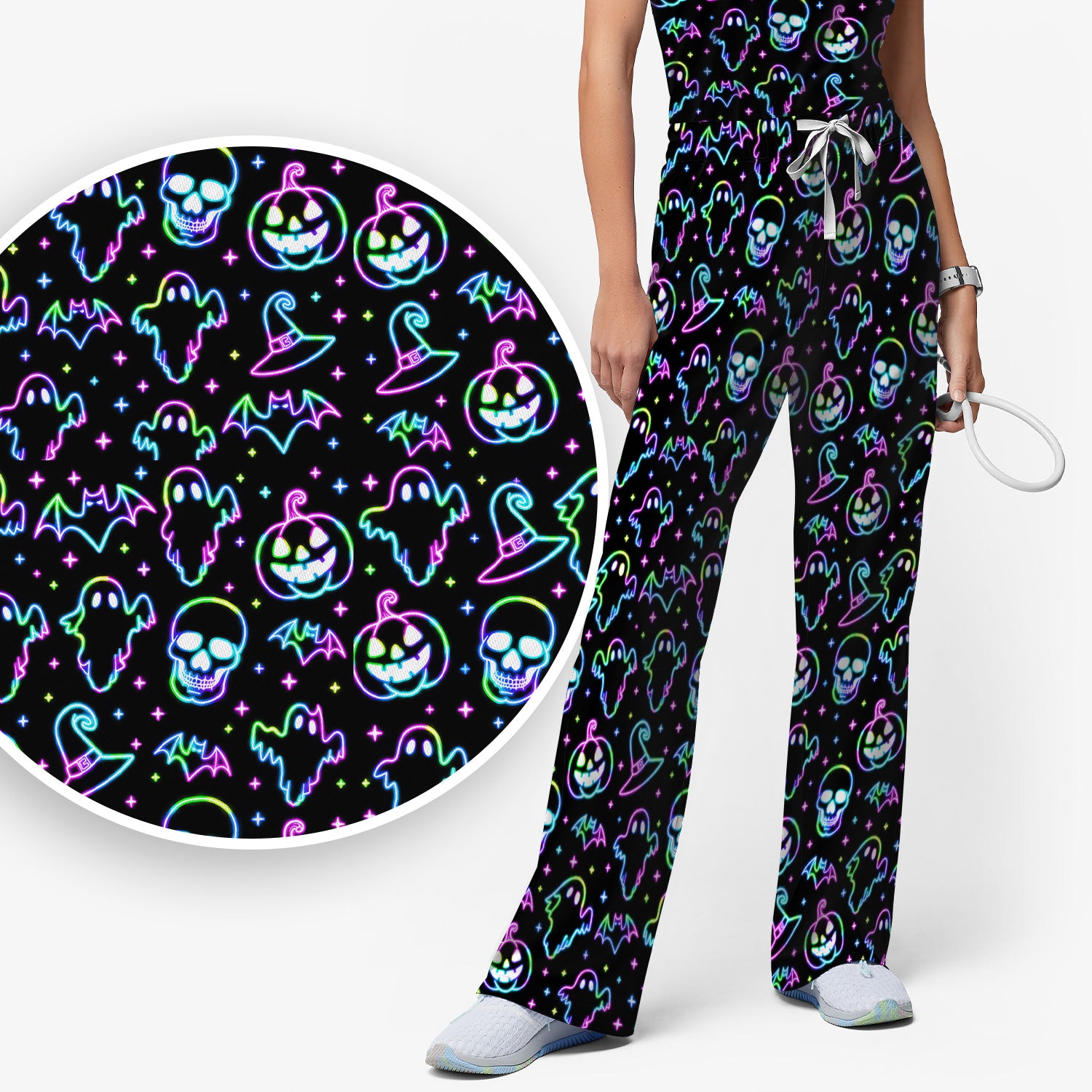 Pumpkin Skull Spooky Print Scrub Set, Scrub Pants and V Neck Top
