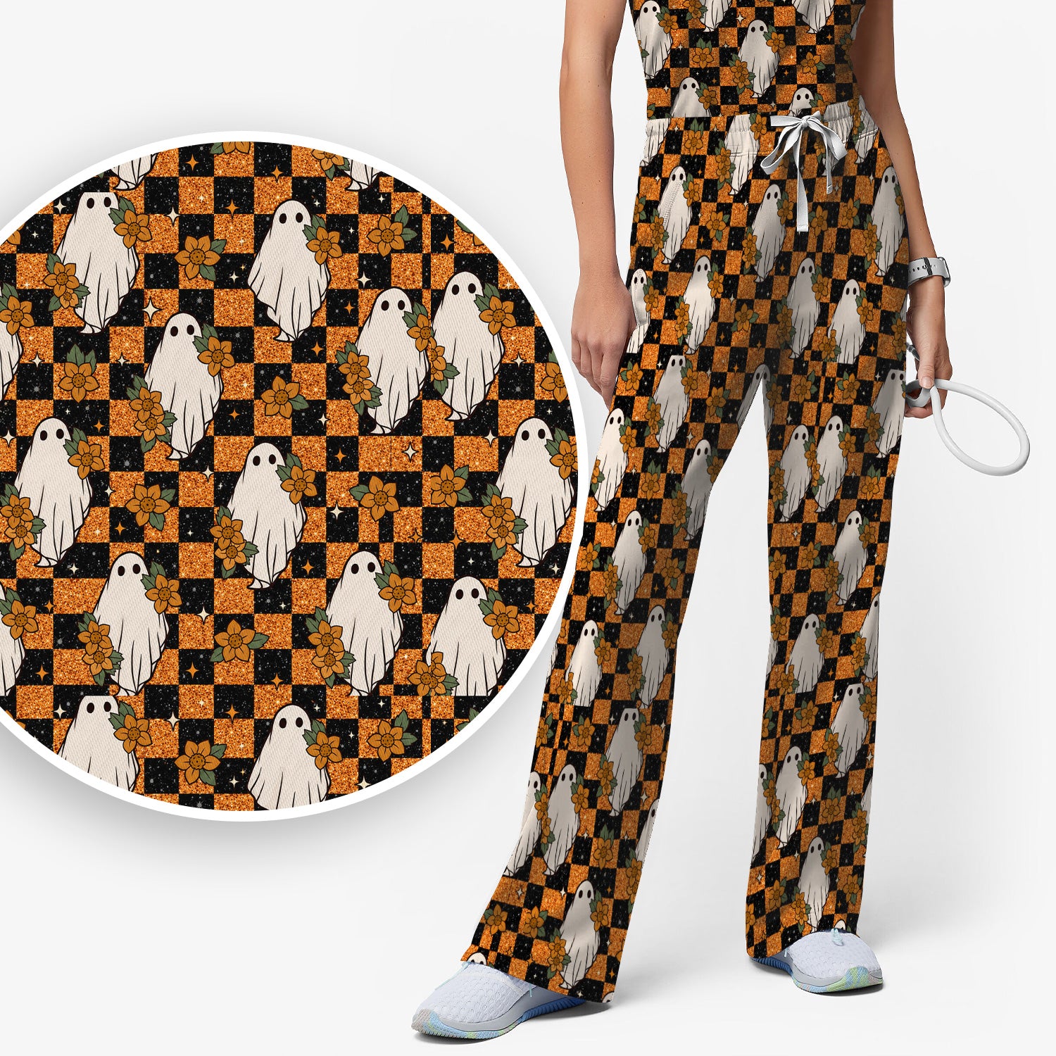 Spooky Halloween Ghost Checkerboard Scrub Set, Scrub Pants and V Neck Top