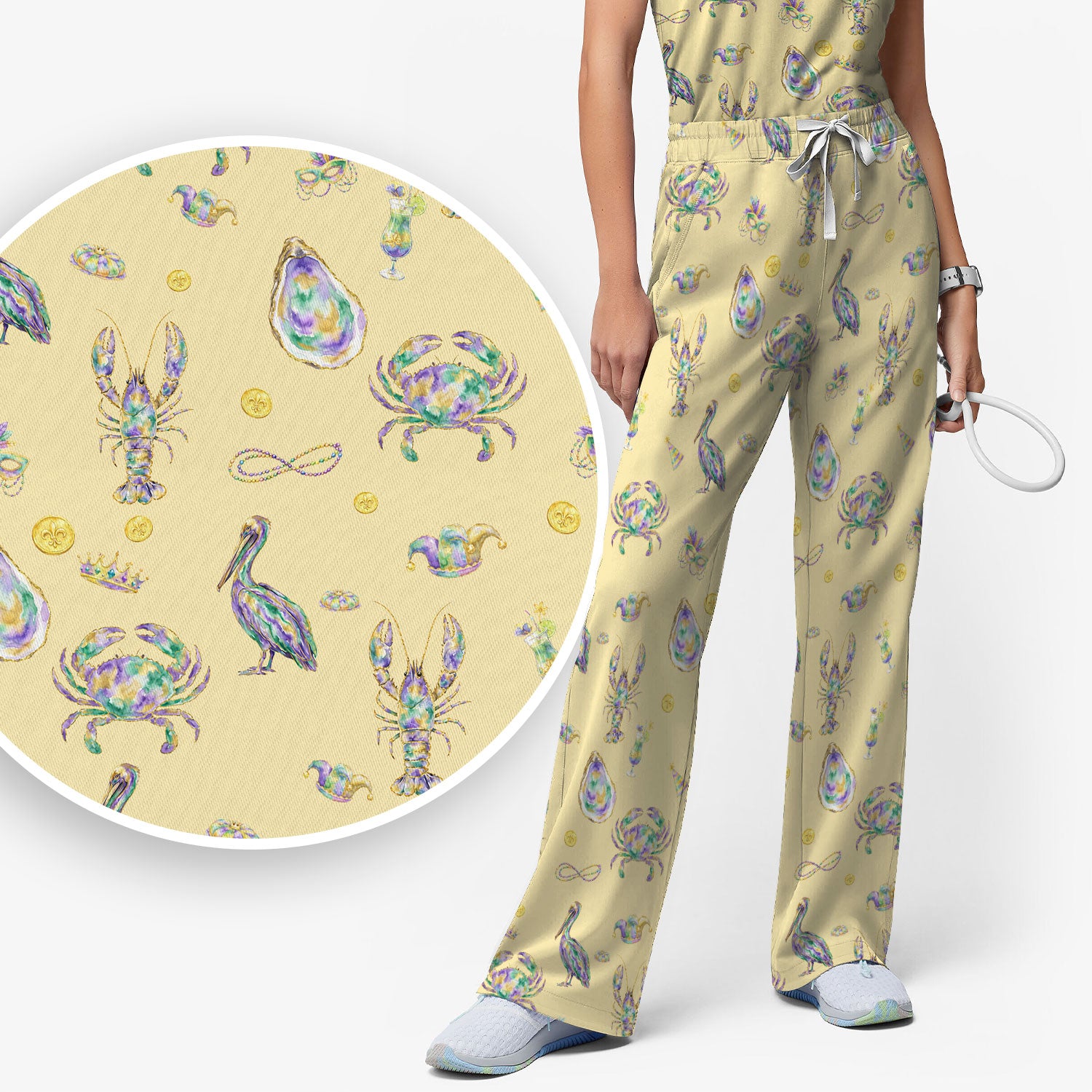 Mardi Gras Seafood Nurse Scrub Set, Comfortable Uniform Scrubs For Nursing