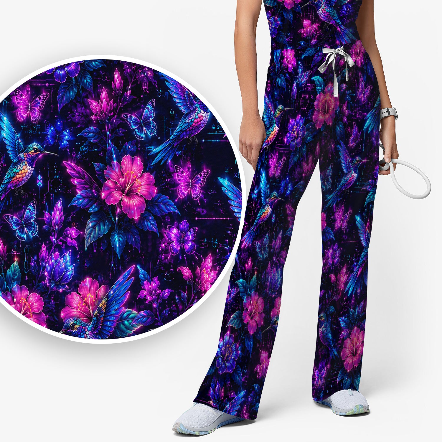Neon Hummingbird Butterfly Bloom Pattern Scrub Set, Scrub Pants and V Neck Top