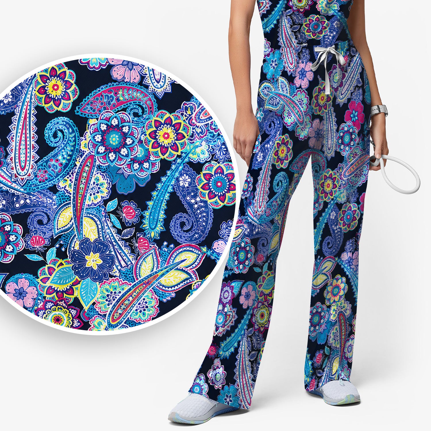 Vibrant Paisley Floral Pattern Scrub Set, Scrub Pants and V Neck Top