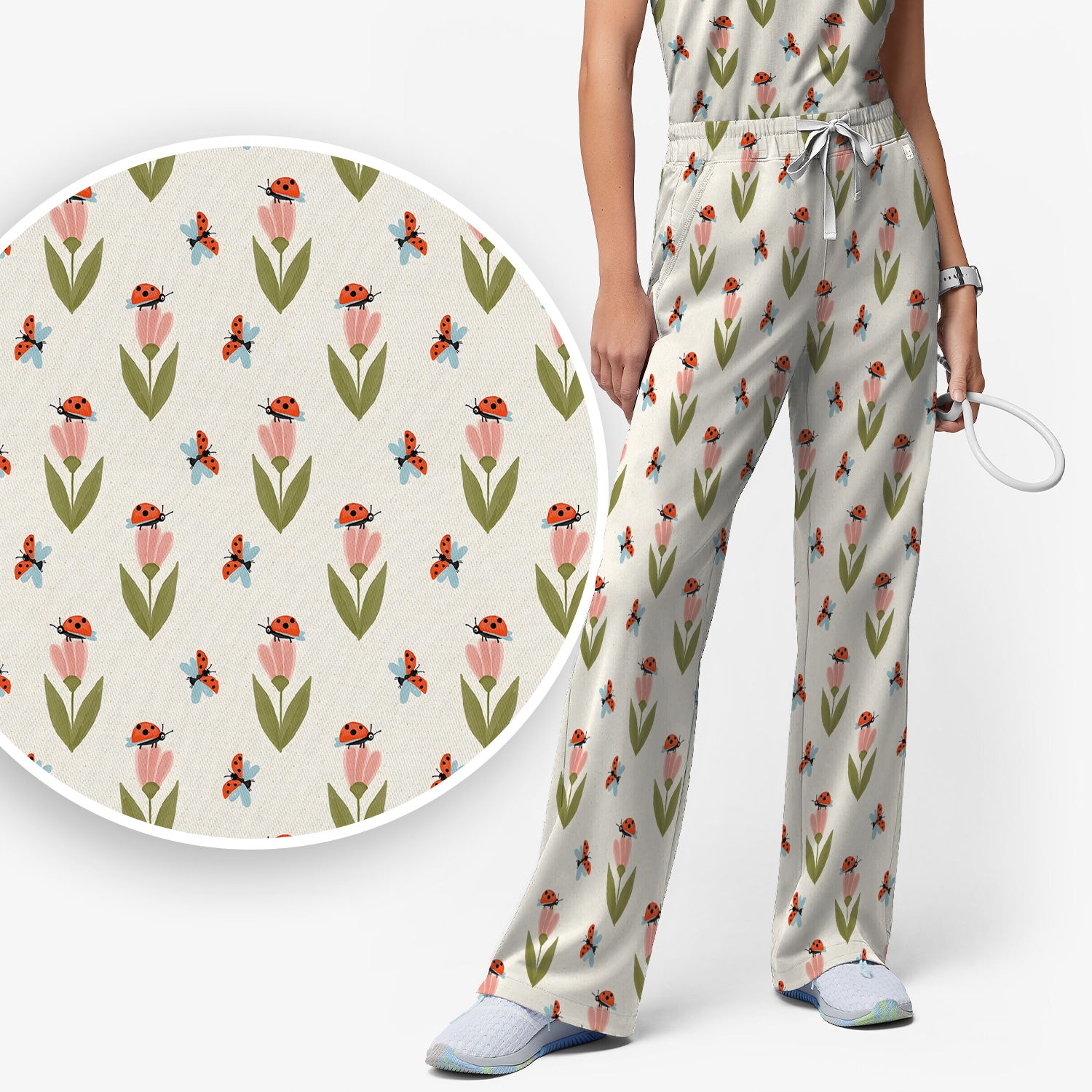 Cute Ladybug Tulip Floral Pattern Scrub Set, Scrub Pants and V Neck Top